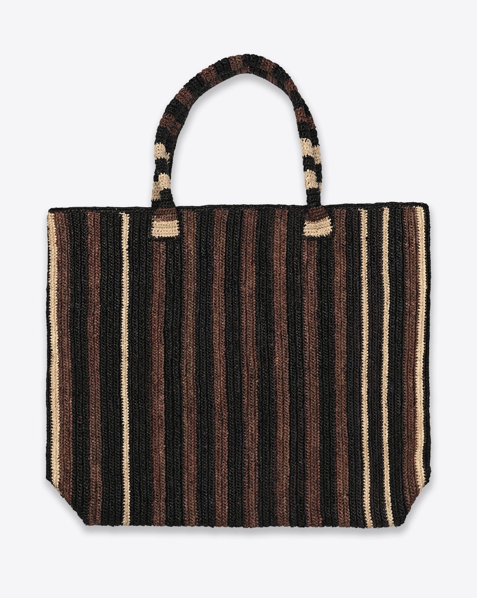 Grand cabas Raffia Weekender Nomad Gabriele Frantzen en raphia chocolat, noir et &eacute;cru. Vu de face.