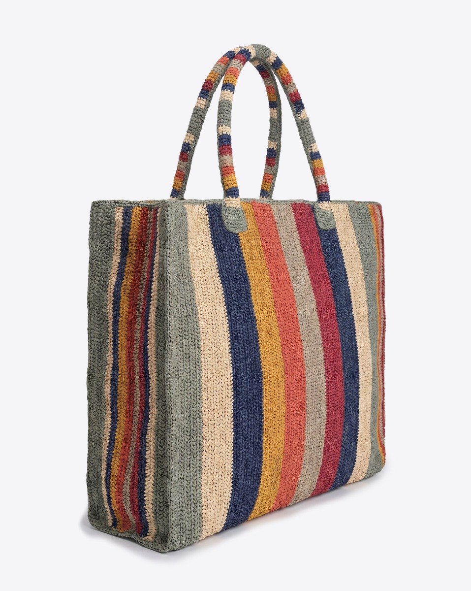 Grand cabas Raffia Weekender Plage Gabriele Frantzen en raphia ray&eacute; multicolore. Vu de profil.