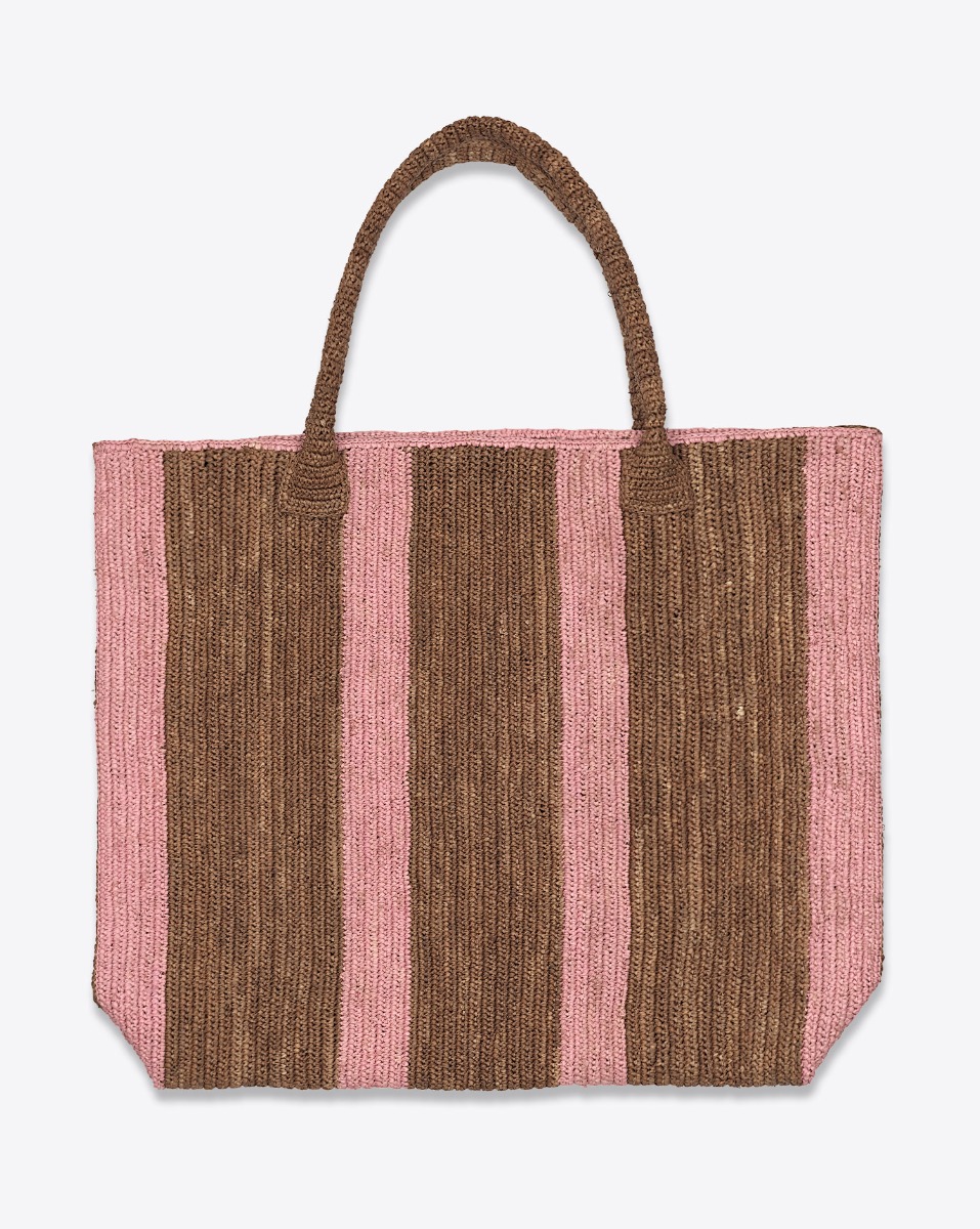 Grand cabas Raffia Weekender Sugar Rose Gabriele Frantzen en raphia ray&eacute; marron et rose, vu de face.