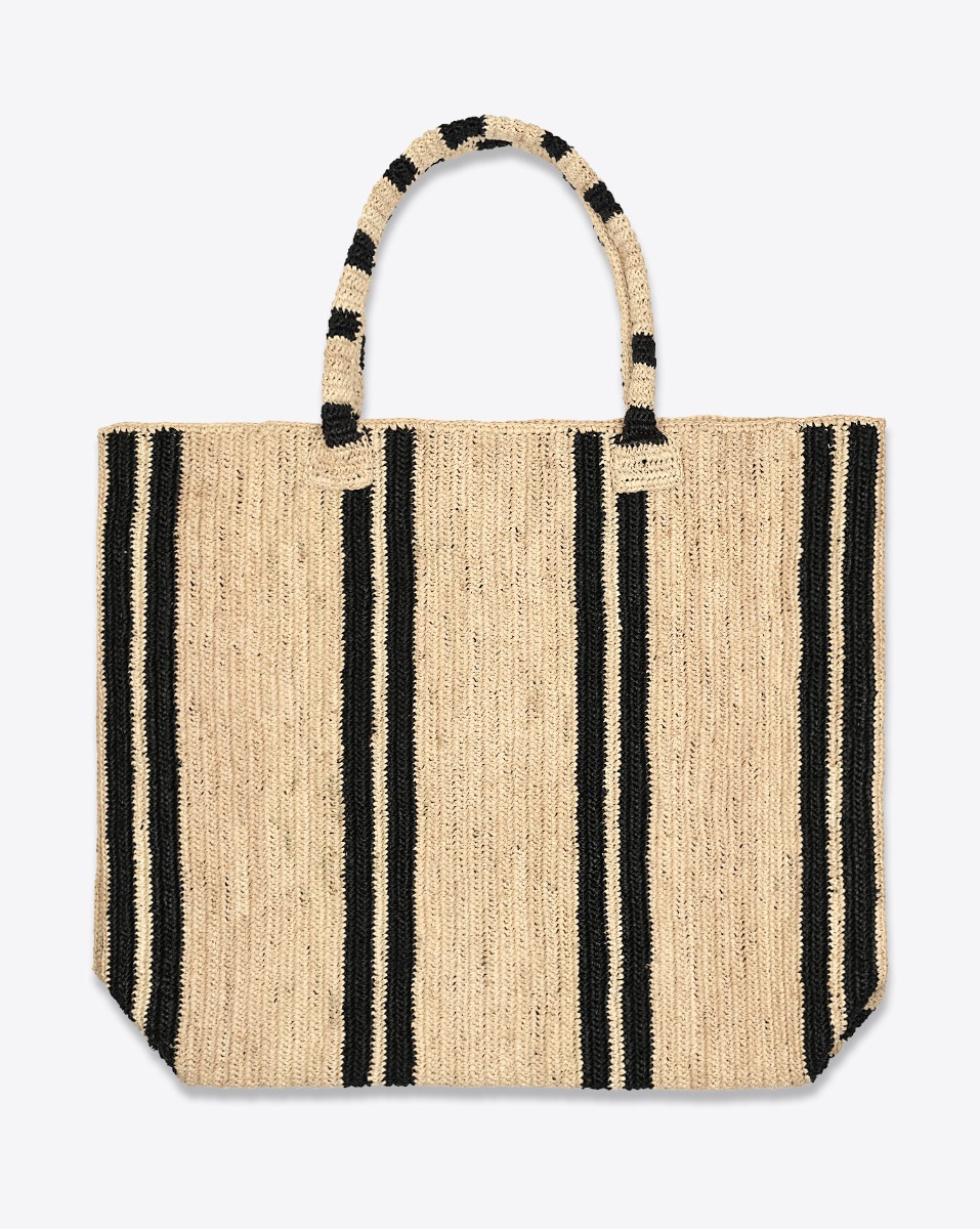 Grand Cabas Raffia Weekender Vacation Road Gabriele Frantzen en raphia ray&eacute; &eacute;cru et noir, vu de face.