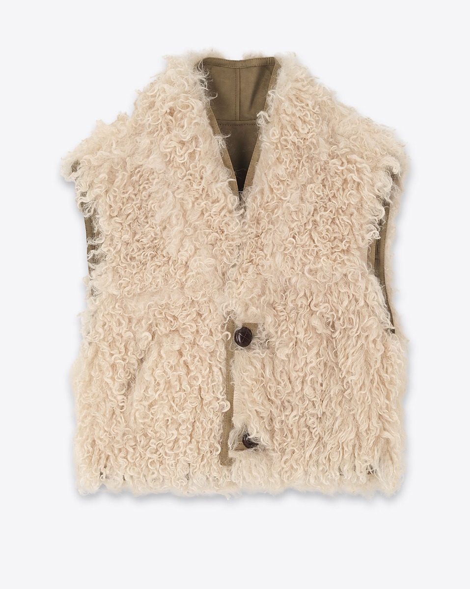 Gilet sans manches réversible Clara Isabel Marant Etoile en fausse fourrure effet mouton retourné taupe. Vue côté fausse fourrure écrue.