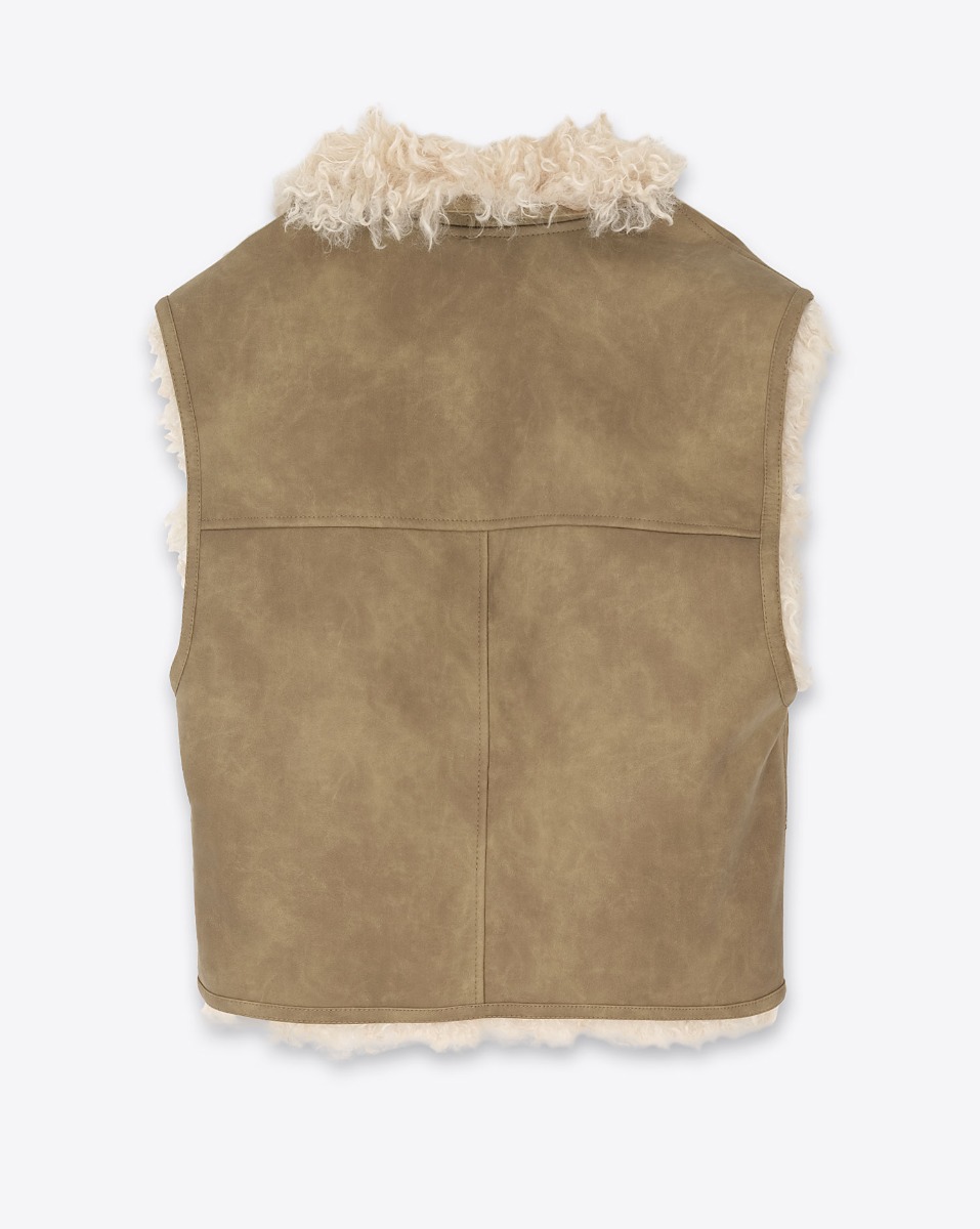 Gilet sans manches réversible Clara Isabel Marant Etoile en fausse fourrure effet mouton retourné taupe. Vue de dos.