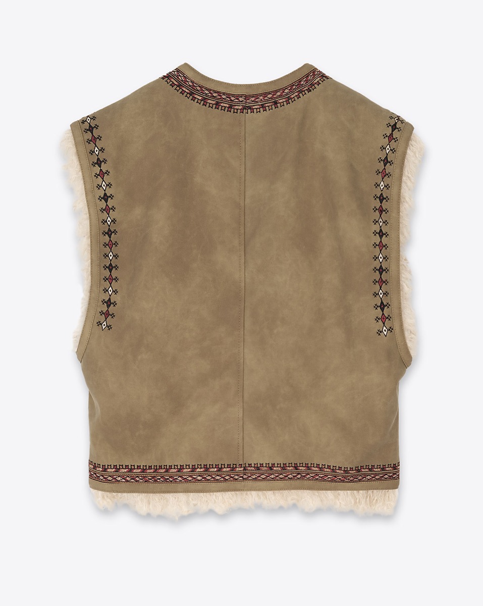 Gilet sans manches Clemencia Isabel Marant Etoile en faux mouton retourné et brodé taupe. Vue de dos.