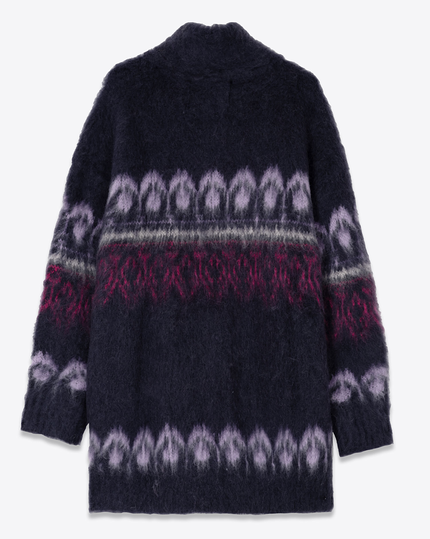 Produit Manteau en maille col camionneur avec zip en laine et mohair marine jacquard violet et rose fuchsia Deloris Isabel Marant Etoile. Dos.
