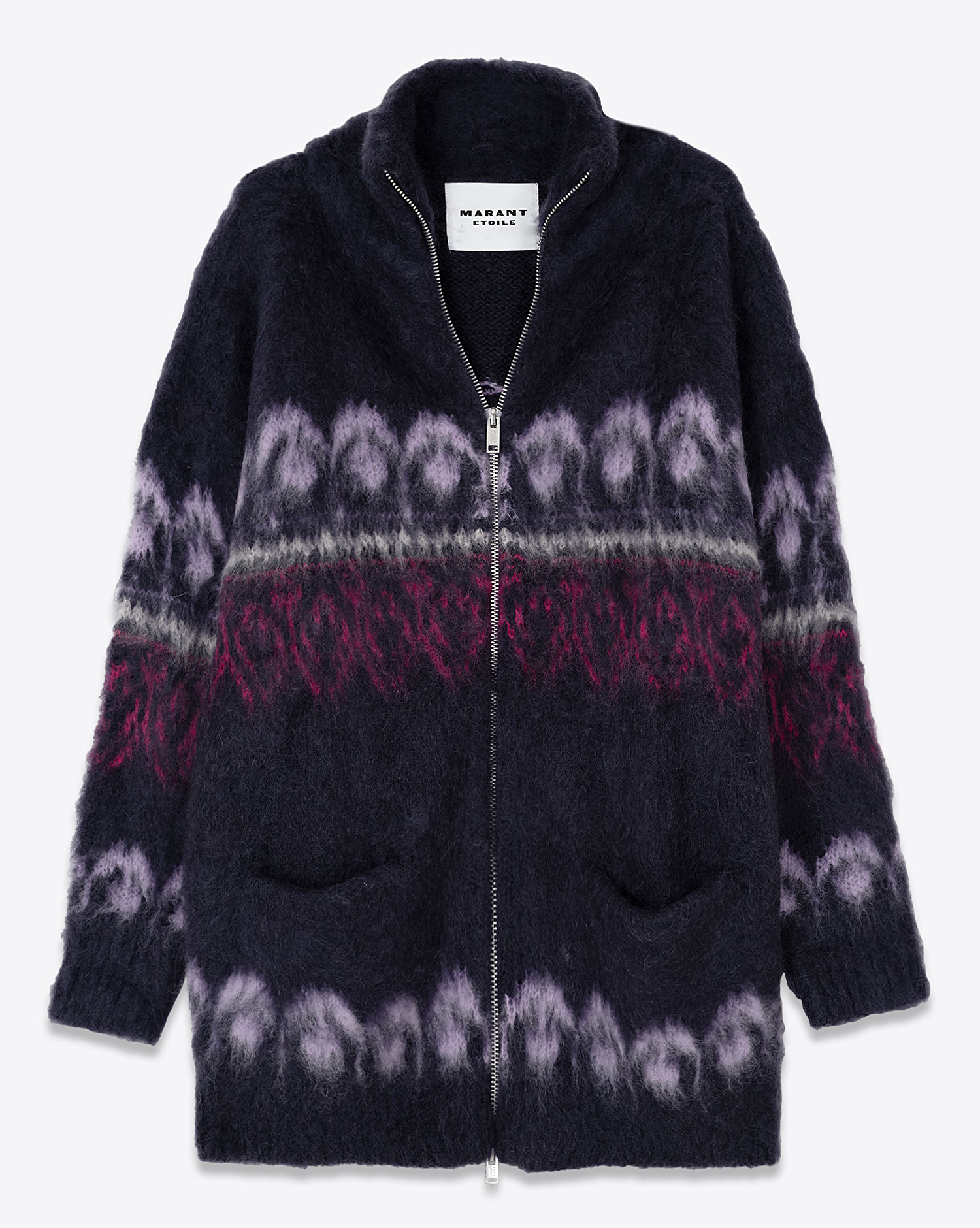 Produit Manteau en maille col camionneur avec zip en laine et mohair marine jacquard violet et rose fuchsia Deloris Isabel Marant Etoile. Face.