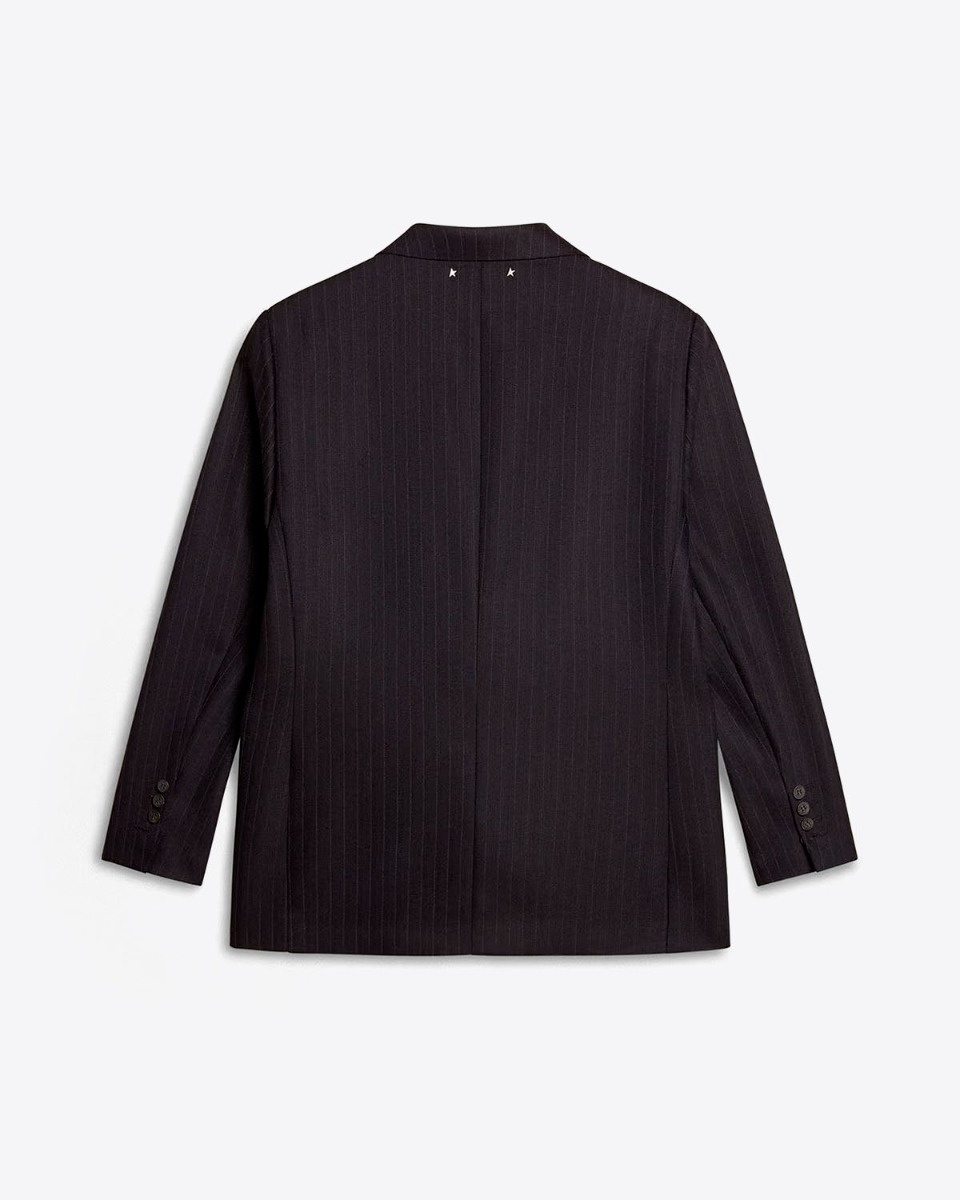 Veste blazer Maia Golden Goose en laine froide bleu nuit à rayures. Vue de dos.