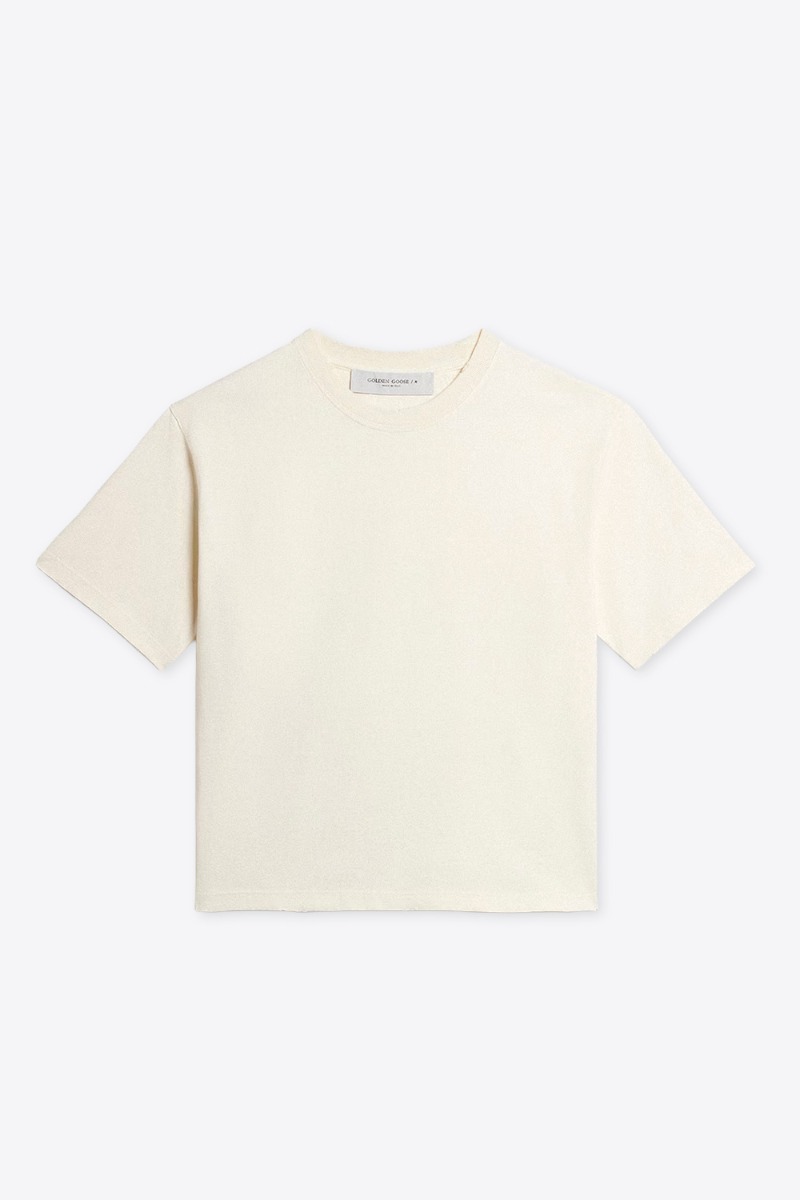 Tee-shirt manches courte Relaxed Fit Golden Goose en coton &eacute;cru logo invers&eacute; &laquo; GOLDEN &raquo; dans le dos. Vue de face.