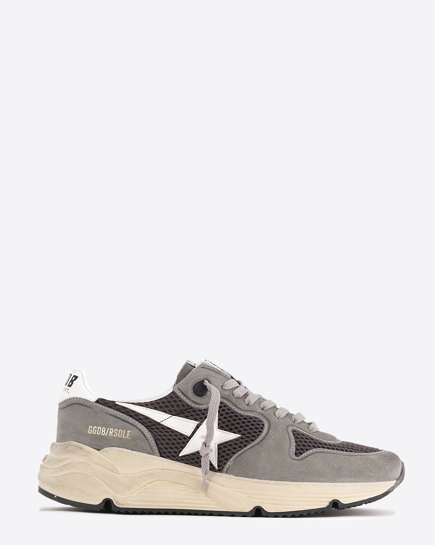 Sneakers Running Sole Golden Goose Homme en résille kaki empiècement en cuir suédé gris étoile et arrière en cuir blanc. Profil.
