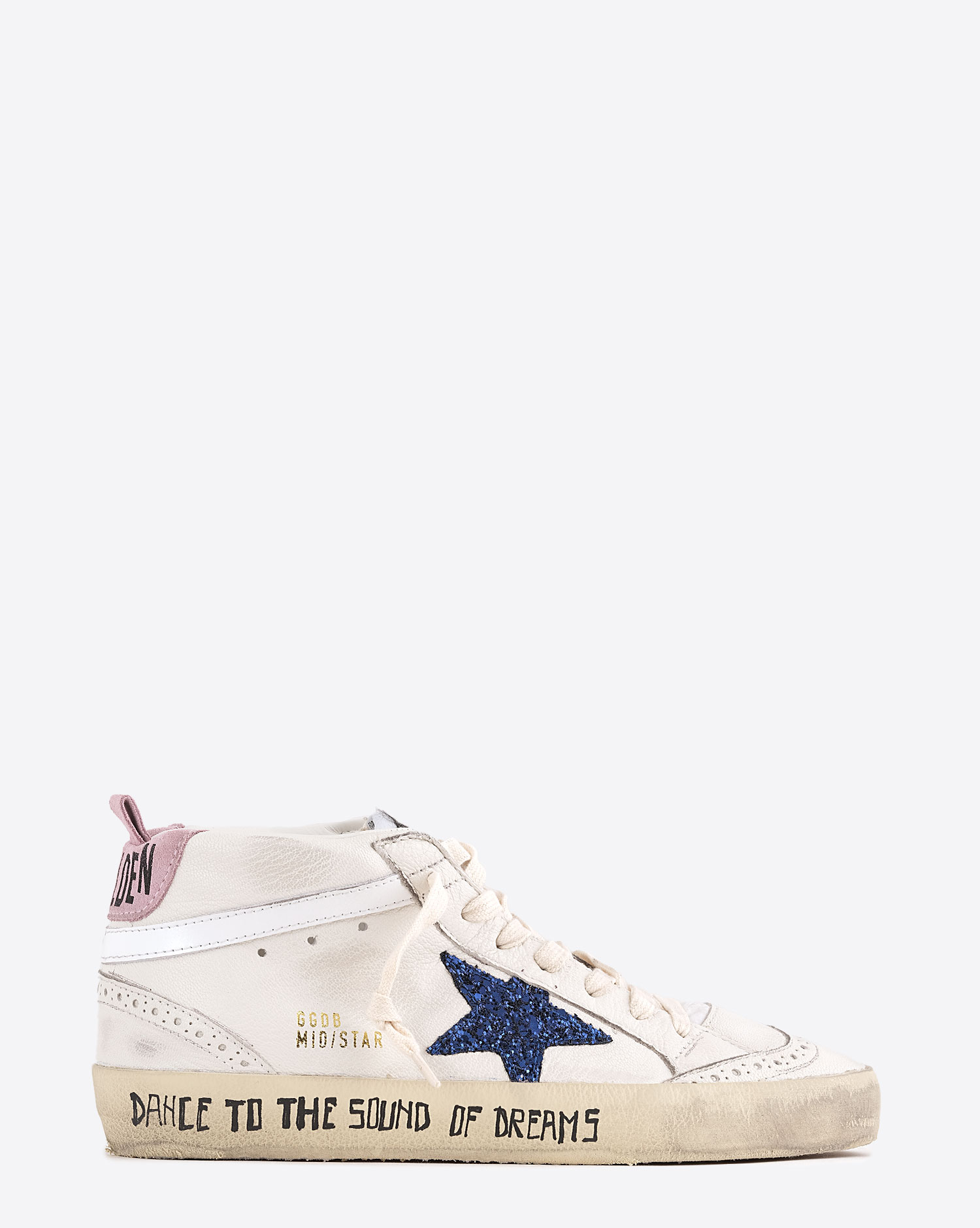 Produit Sneakers Mid Star Golden Goose femme en cuir blanc étoile à paillettes bleues arrière rose. Profil.