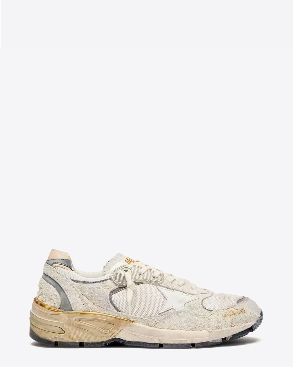 Sneakers Running Dad 80185 Golden Goose femme &eacute;cru &eacute;toile argent. Vue de profil.