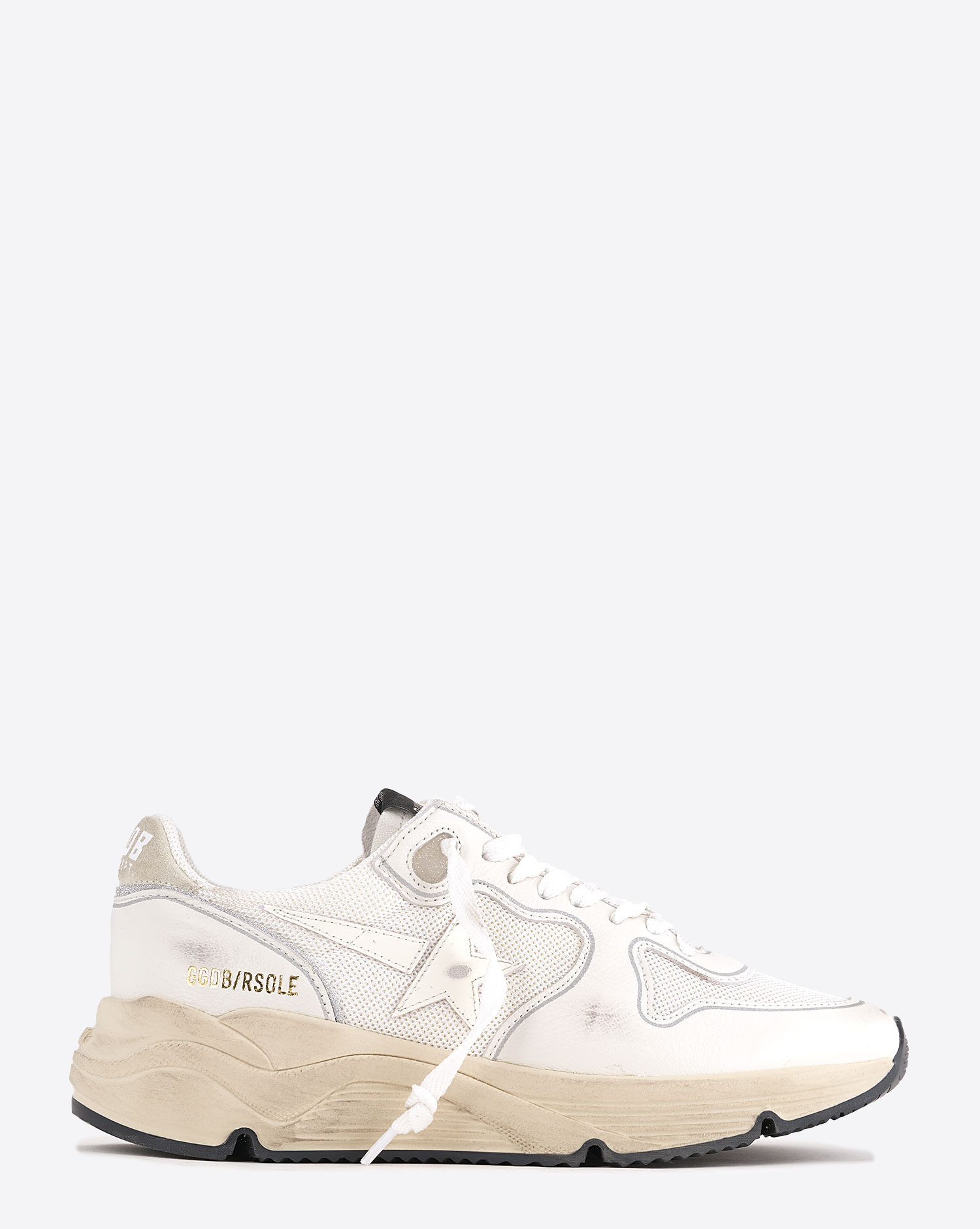 Produit Sneakers Running Sole Golden Goose femme blanche étoile en cuir blanc arrière argent. Profil.