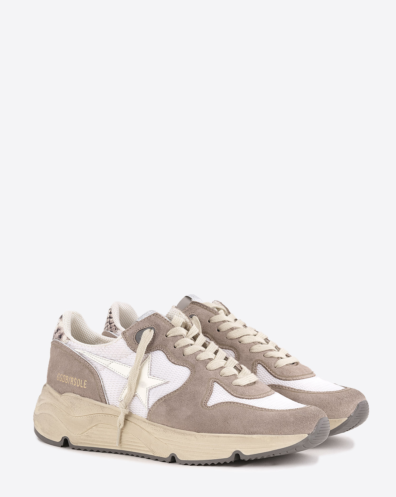 Produit Sneakers running Sole Golden Goose femme blanche et beige étoile filante en cuir blanc et contrefort en cuir effet python taupe. Face.
