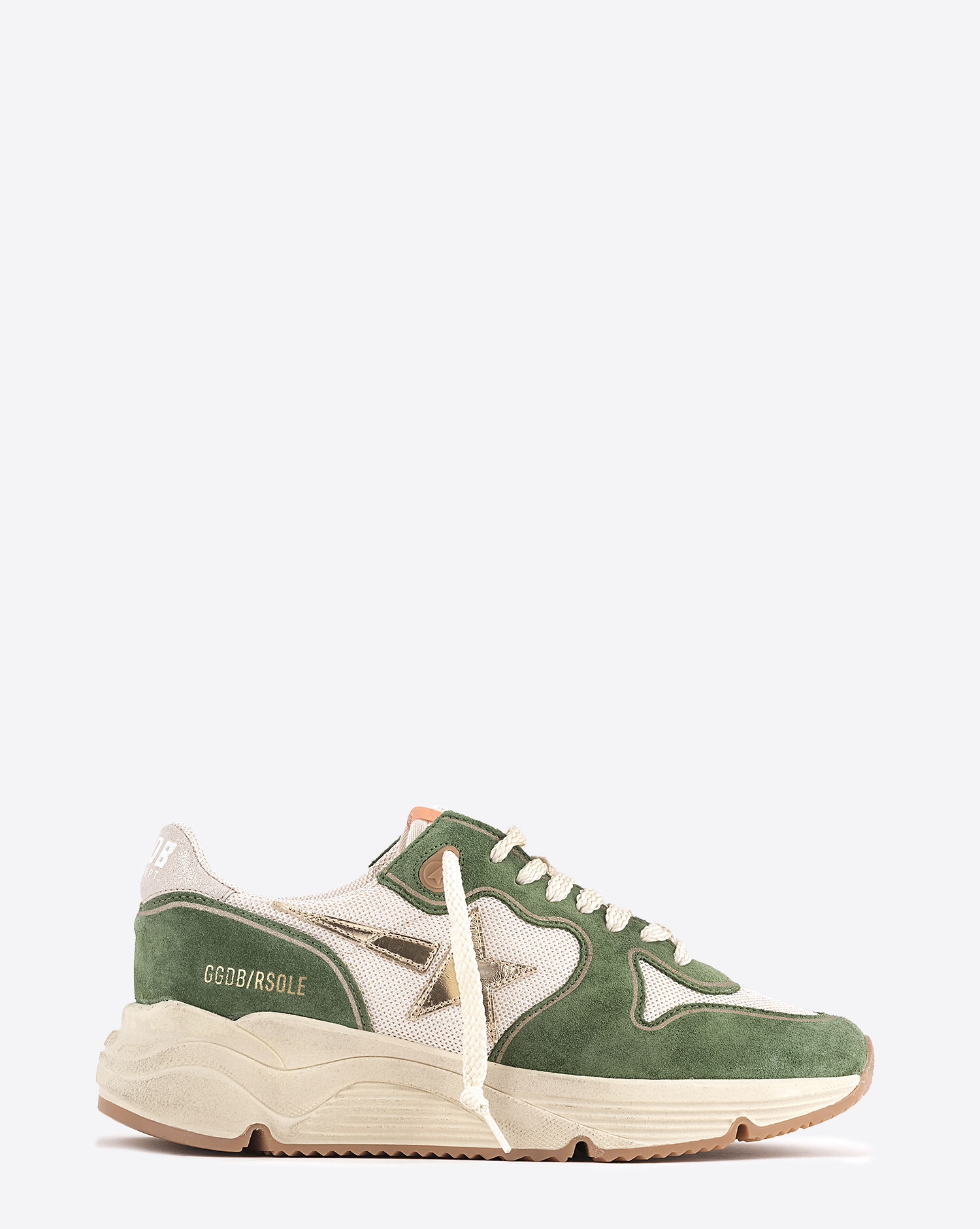 Produit Sneakers running Sole Golden Goose femme résille crème et cuir suédé vert étoile en cuir lamé doré. Profil. 