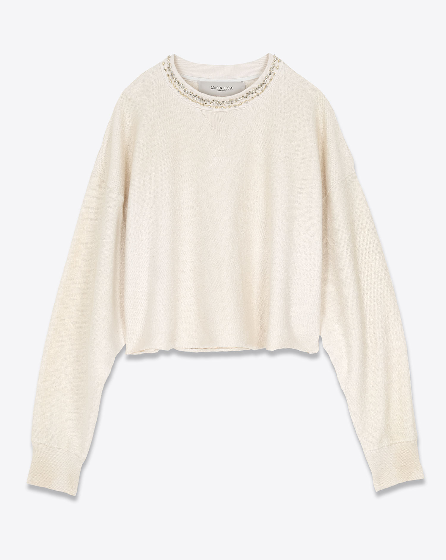 Sweat-shirt court en coton couleur crème avec cristaux brodés sur le col  Nives Golden Goose. Face. 