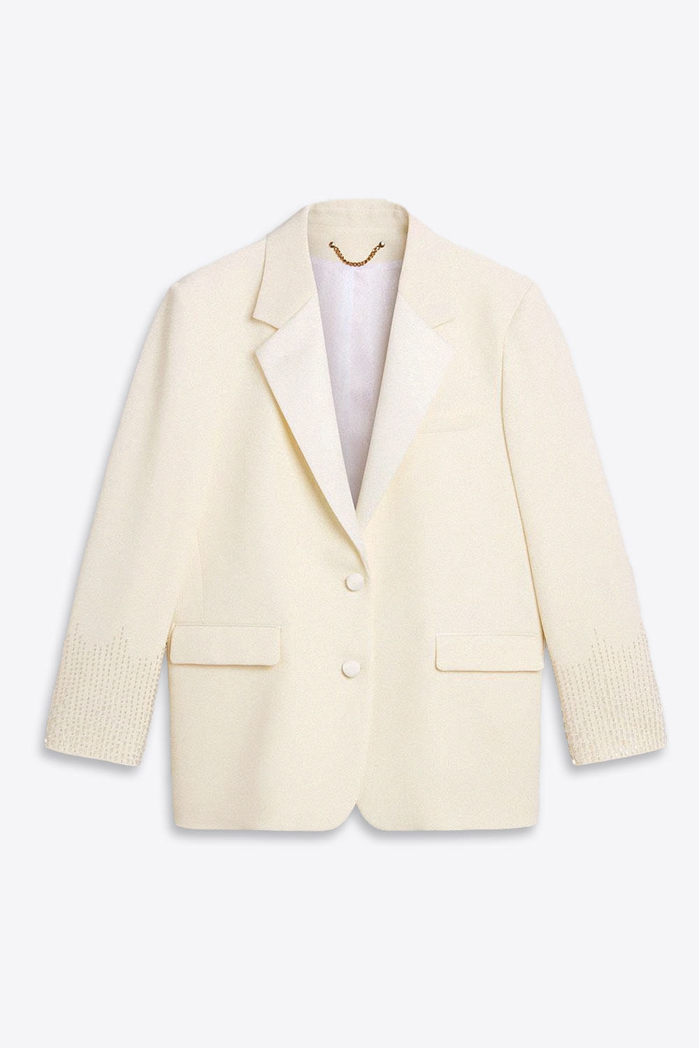 Produit Veste de costume écru col satin perles brodées sur les bas de manches Golden Goose. Face.