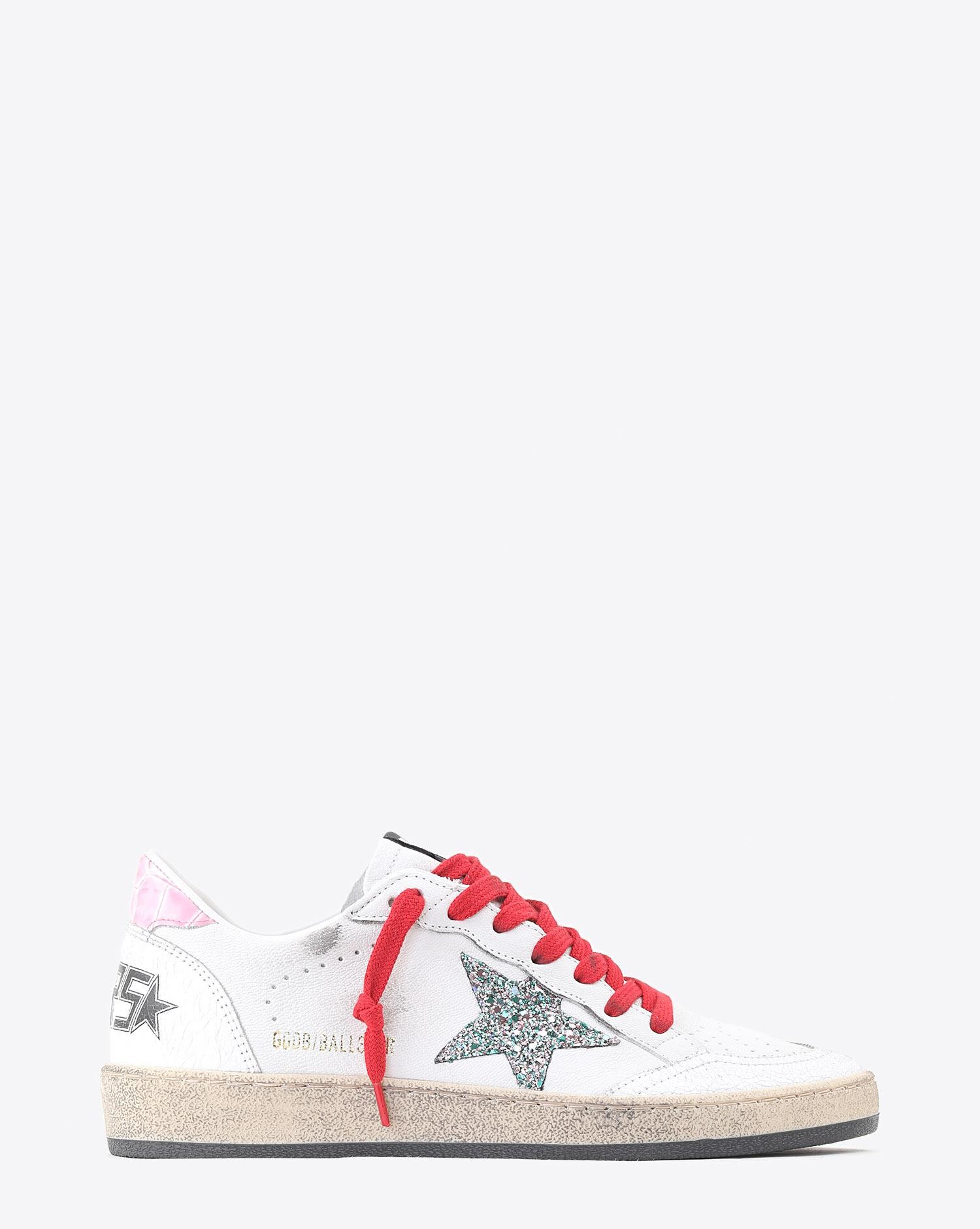 Golden Goose Woman Collection Sneakers Ball Star White Crack Leather Pink Cocco Multi Glitter Star pour Femme