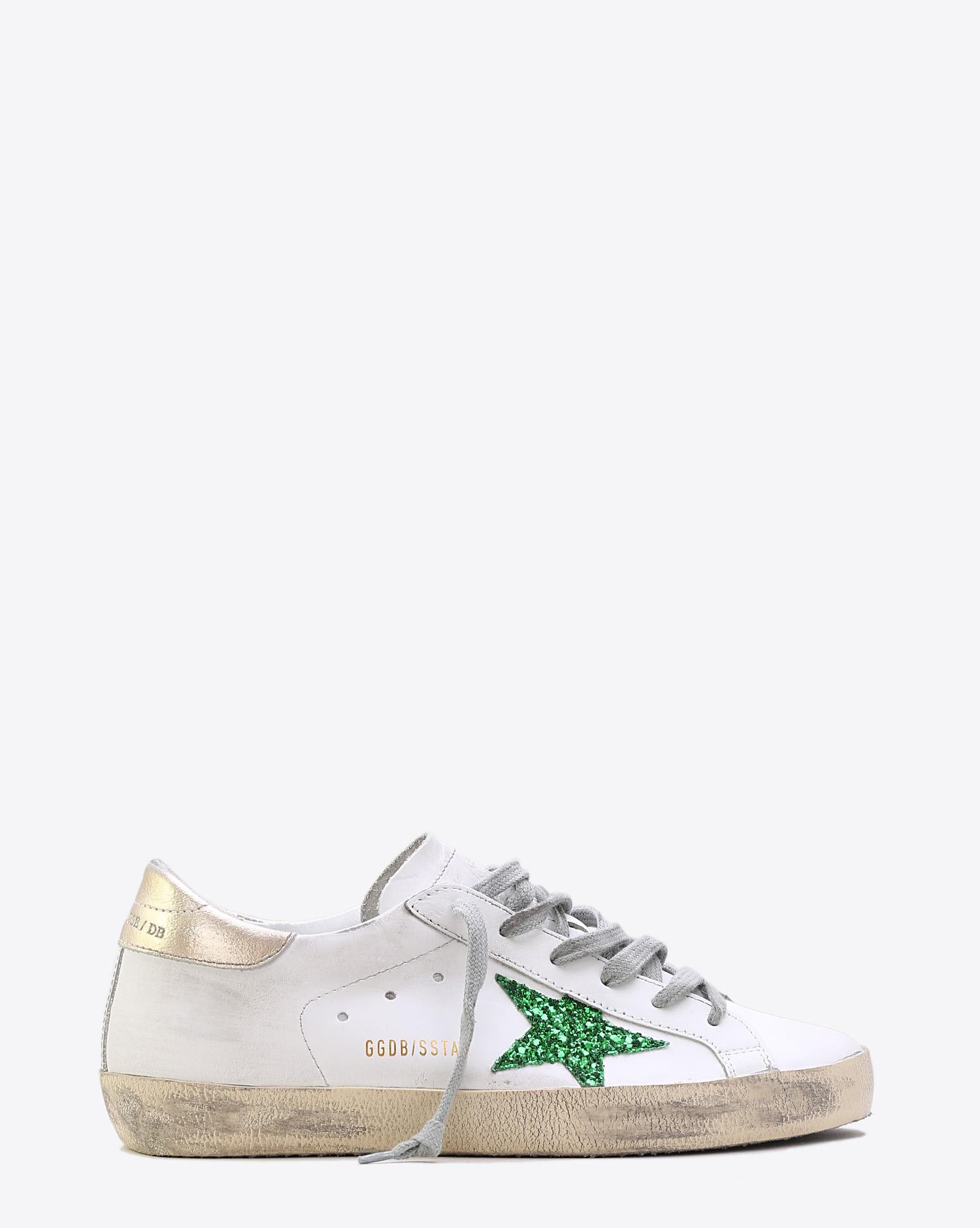 Golden Goose Woman Collection Sneakers Superstar White Leather Green Glitter  
