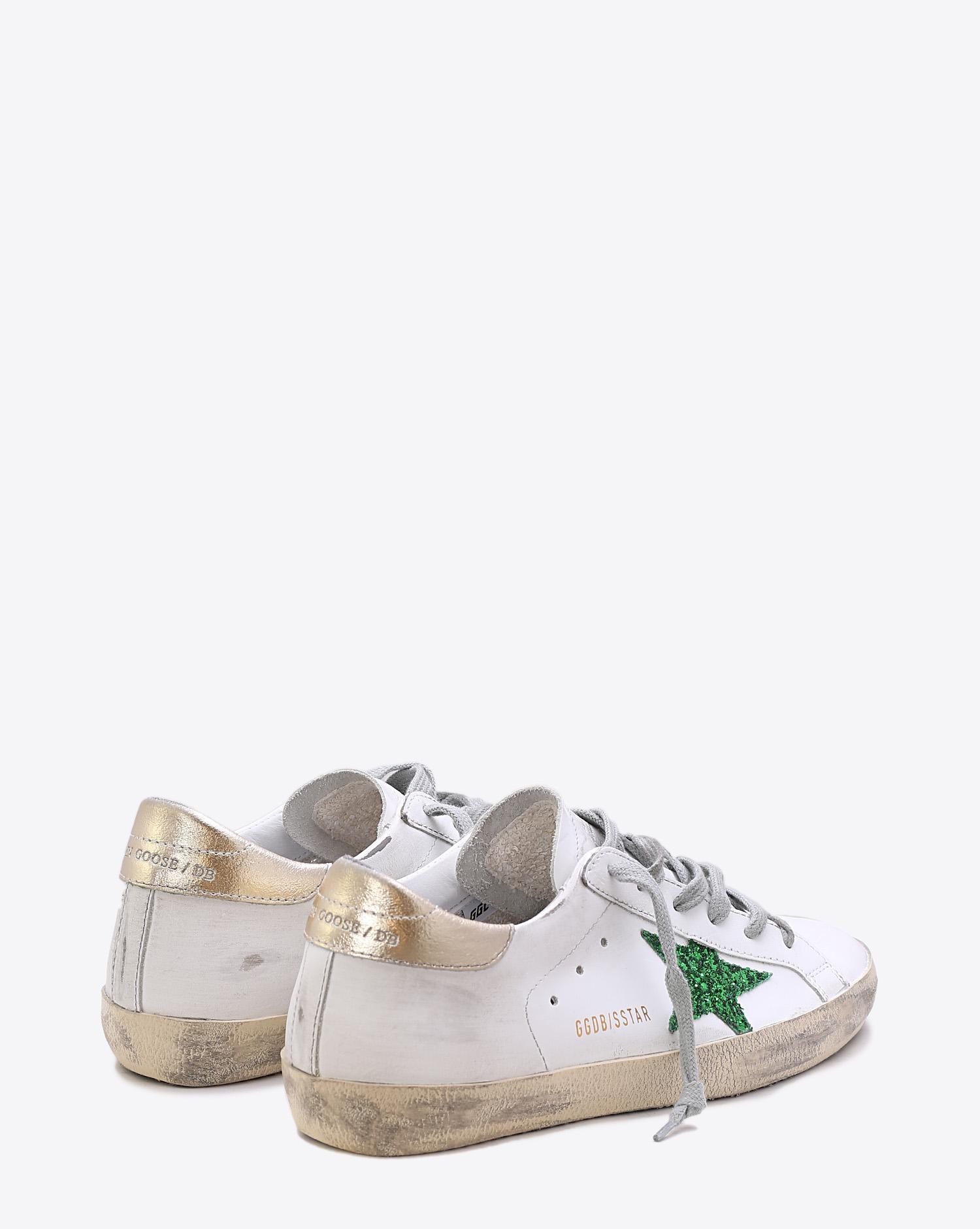 Golden Goose Woman Collection Sneakers Superstar White Leather Green Glitter  