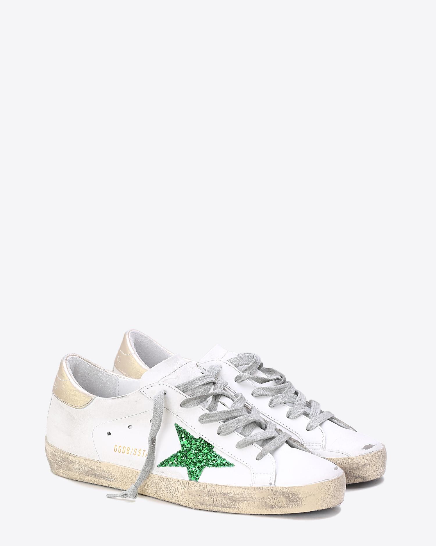 Golden Goose Woman Collection Sneakers Superstar White Leather Green Glitter  