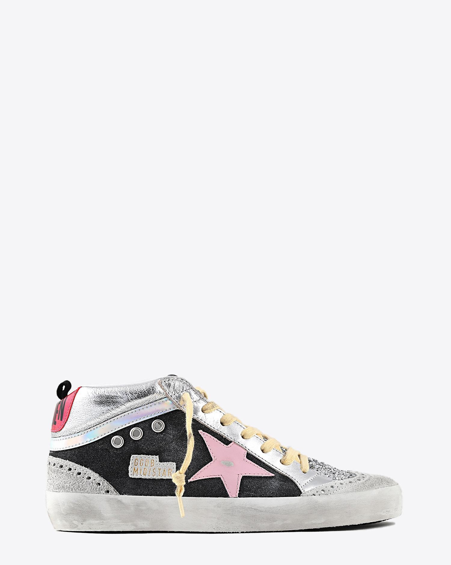 Golden Goose Woman Pré-Collection Sneakers Mid Star noir paillettes argent étoile rose 80226
