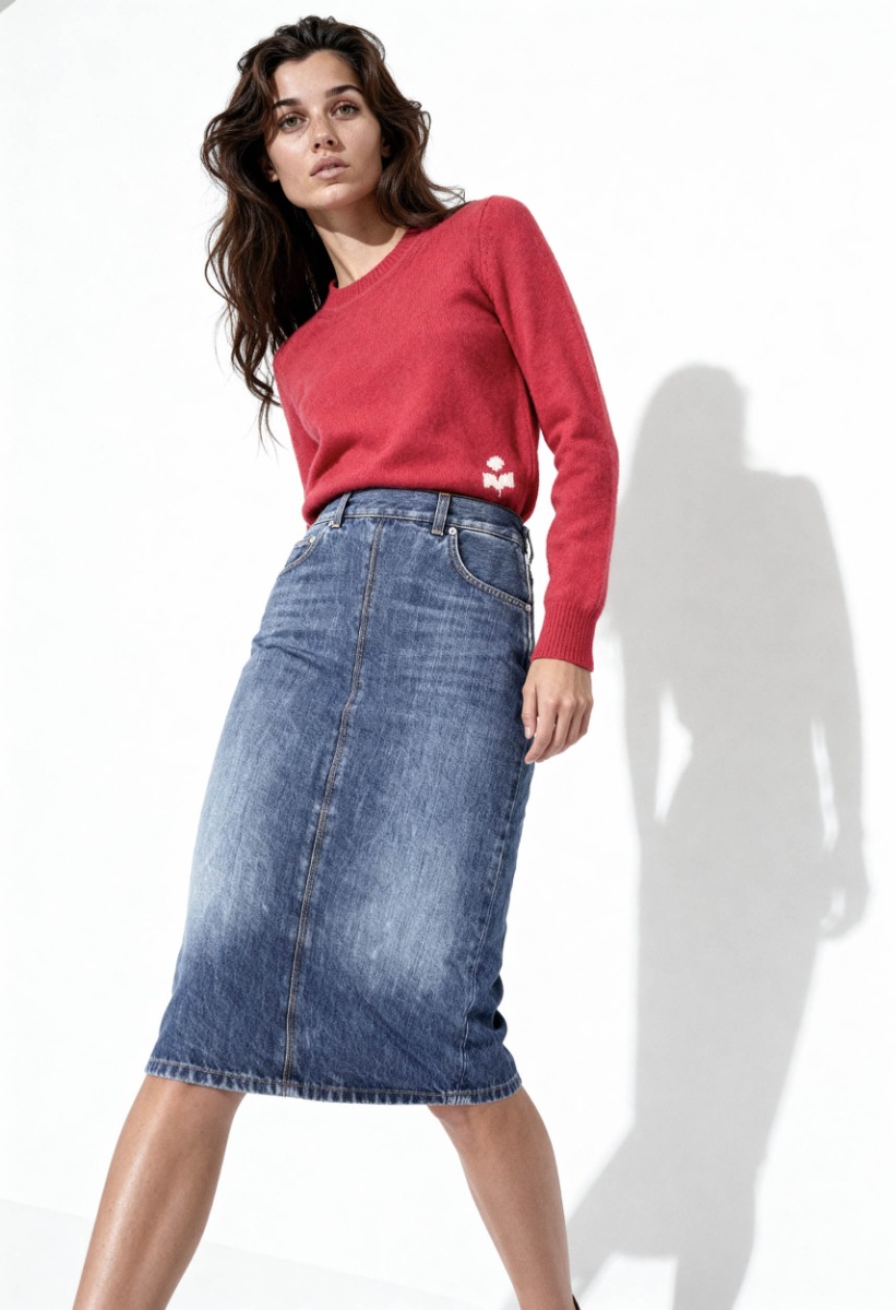 Produit Jupe Kim droite longueur midi Haikure en denim bleu délavé, portée avec un pull rouge.