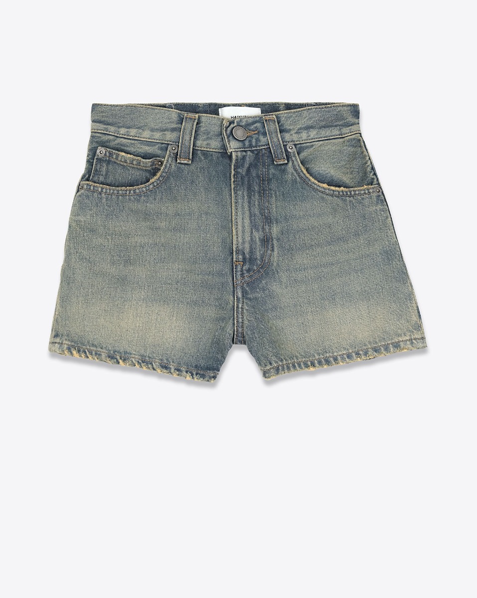 Short court Brit Haikure en denim bleu d&eacute;lavage Earth Blue. Vue de face.  