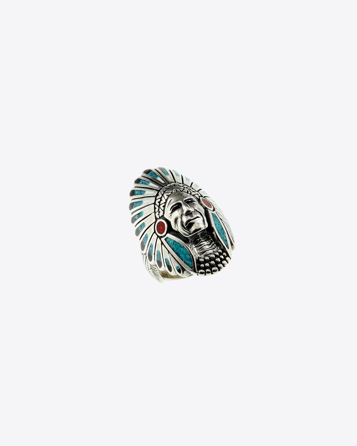 Bague Navajo Inlay Tête d'Indien grand modèle Harpo Paris. Face. 