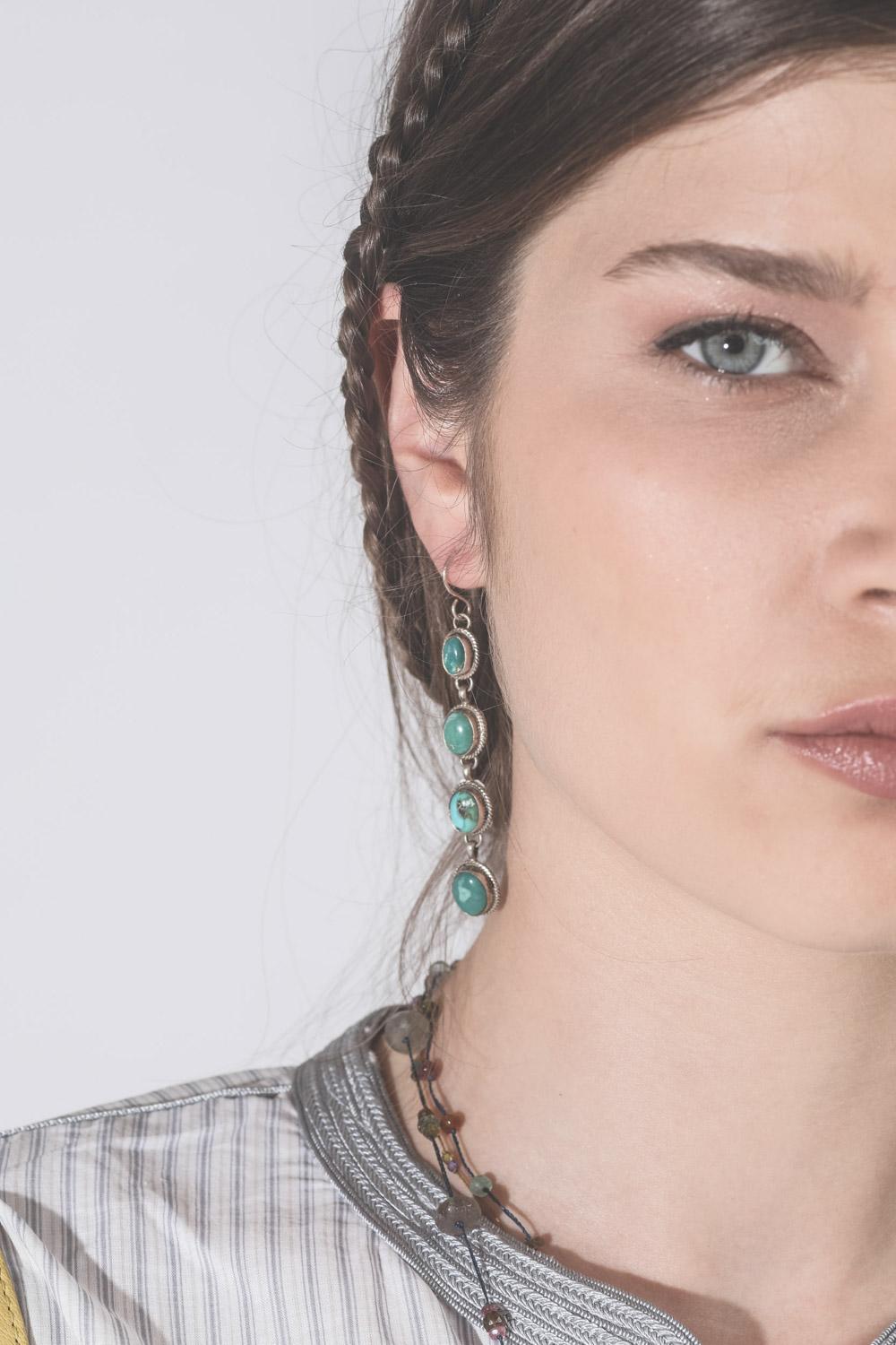 Harpo BO Longues Argent - 4 Turquoises Vertes Ovales BO4TVO  