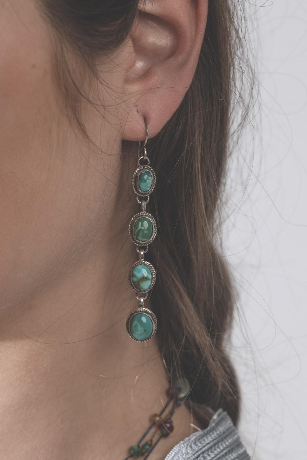 Harpo BO Longues Argent - 4 Turquoises Vertes Ovales BO4TVO