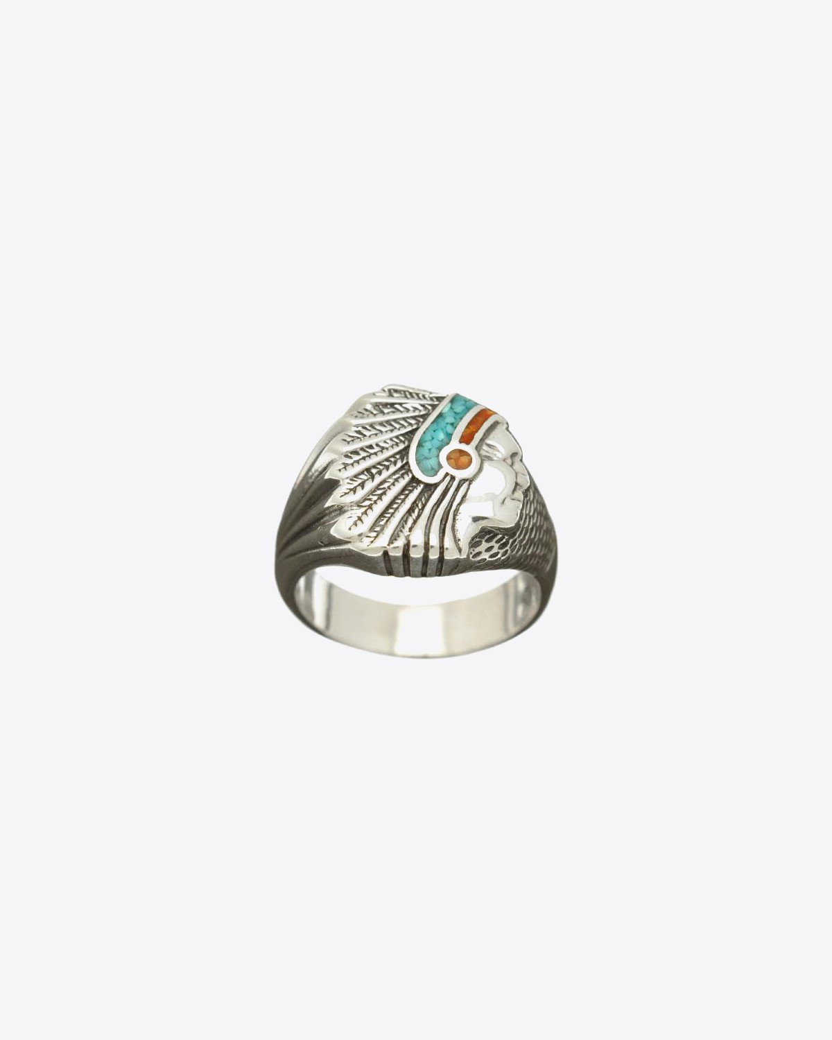 Harpo Permanent Bague Navajo Inlay Tête indien Plate TurquoiseCorail GM R177TC  