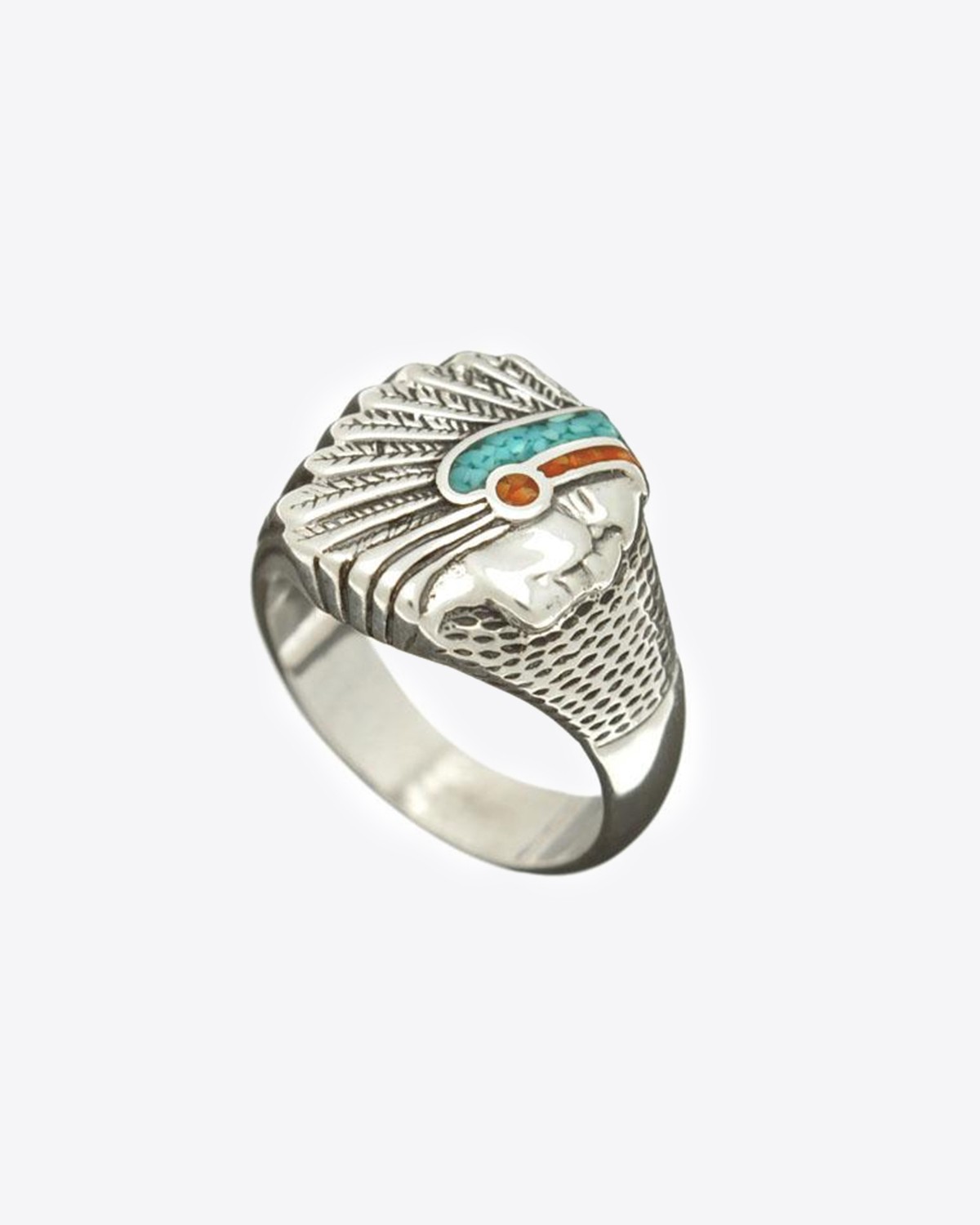 Image du produit Harpo Permanent Bague Navajo Inlay Tête indien Plate Turquoise/Corail GM R177TC - 2
