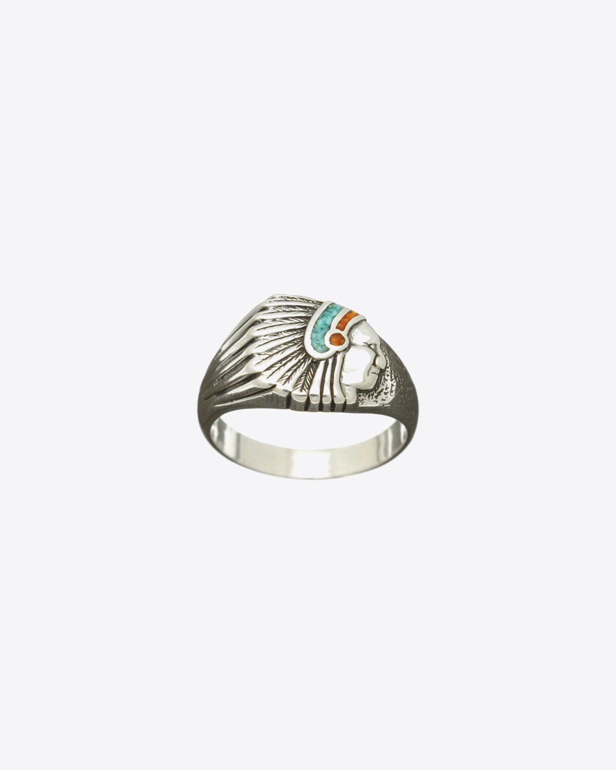 Harpo Permanent Bague Navajo Inlay Tête indien Plate Turquoisecorail R177TCPM 