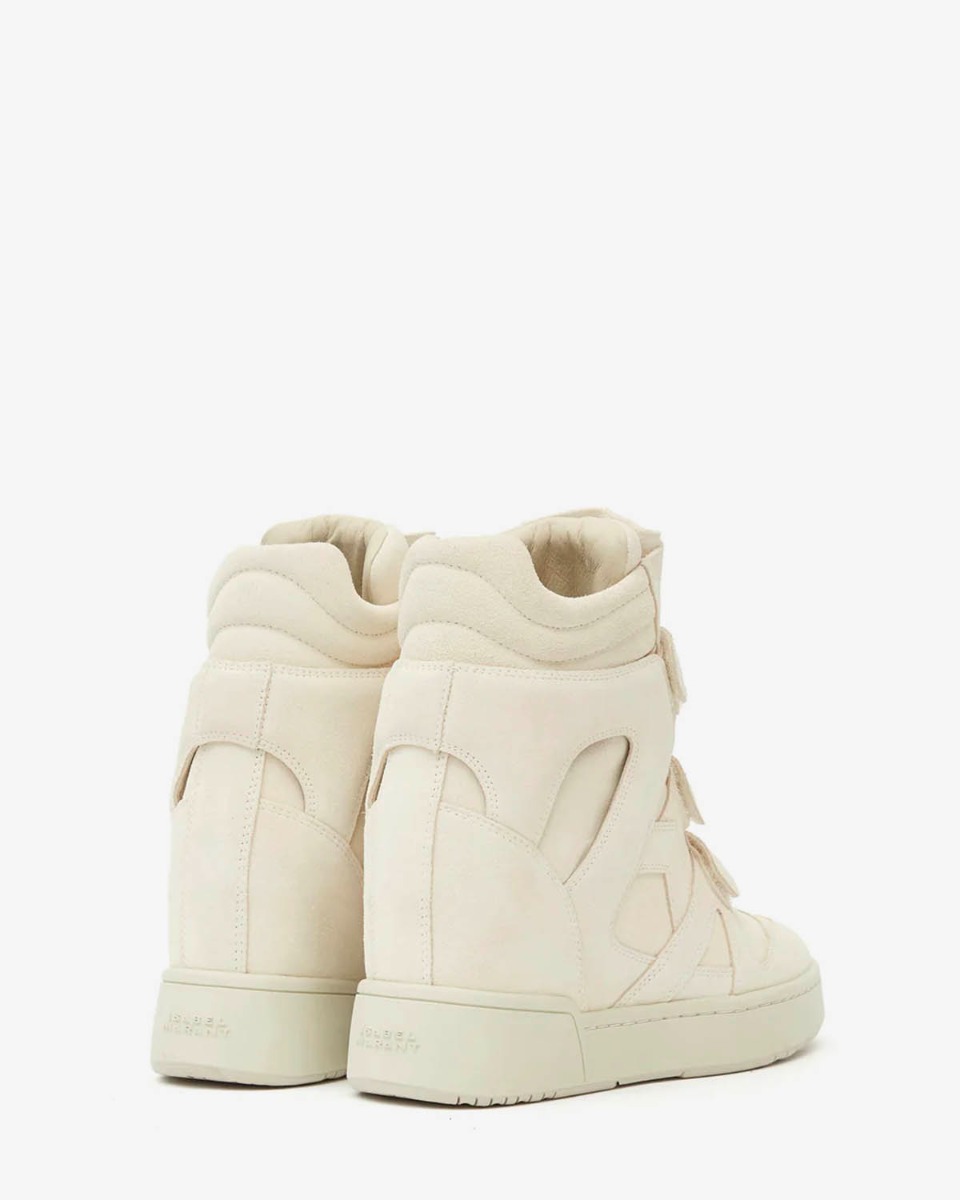 Baskets montantes compensées IM3 Isabel Marant en cuir suédé écru. Vue de dos.
