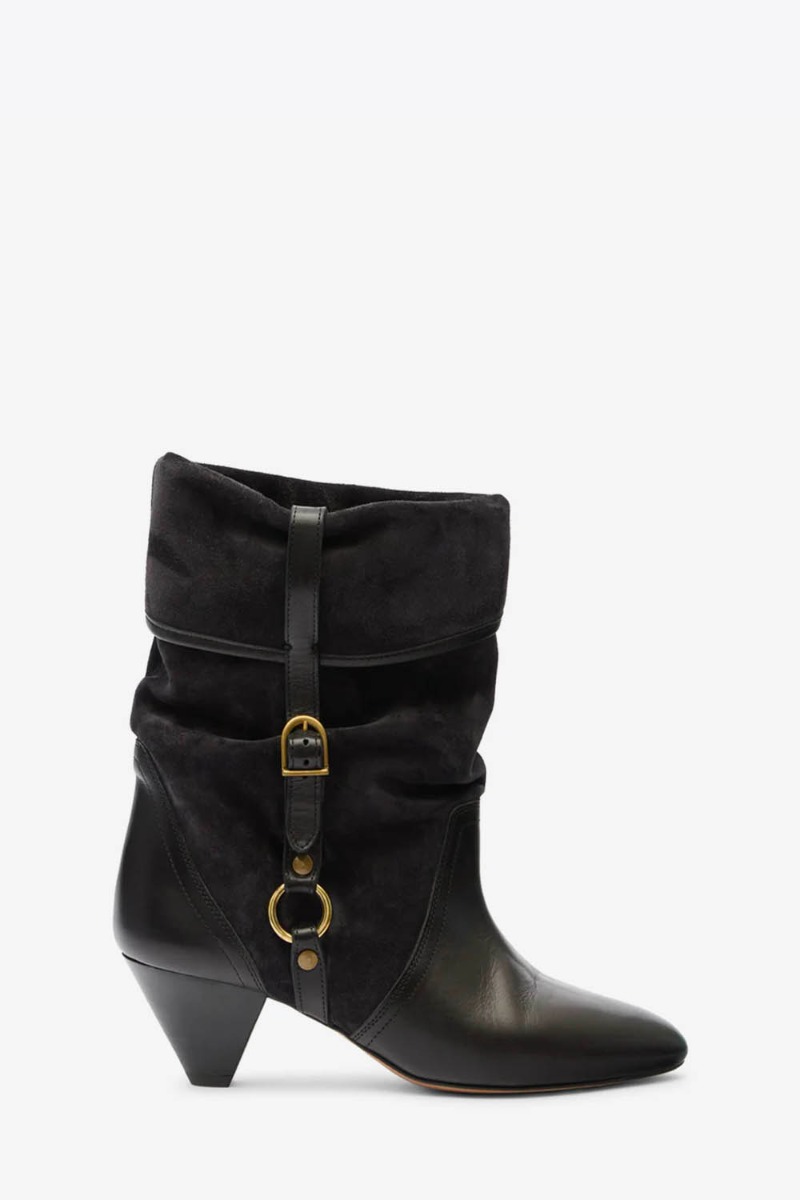 Boots Darner Buckle Isabel Marant en cuir suédé noir délavé et en cuir lisse noir. Vue de profil.