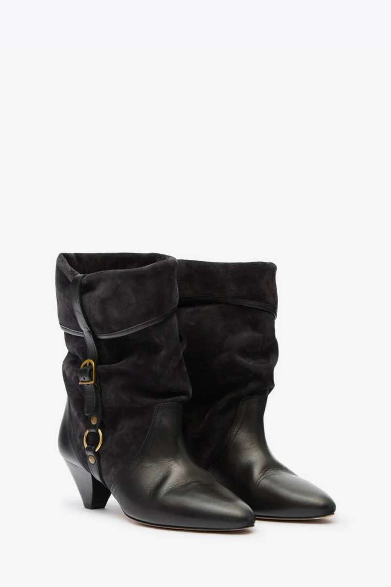 Boots Darner Buckle Isabel Marant en cuir suédé noir délavé et en cuir lisse noir. 