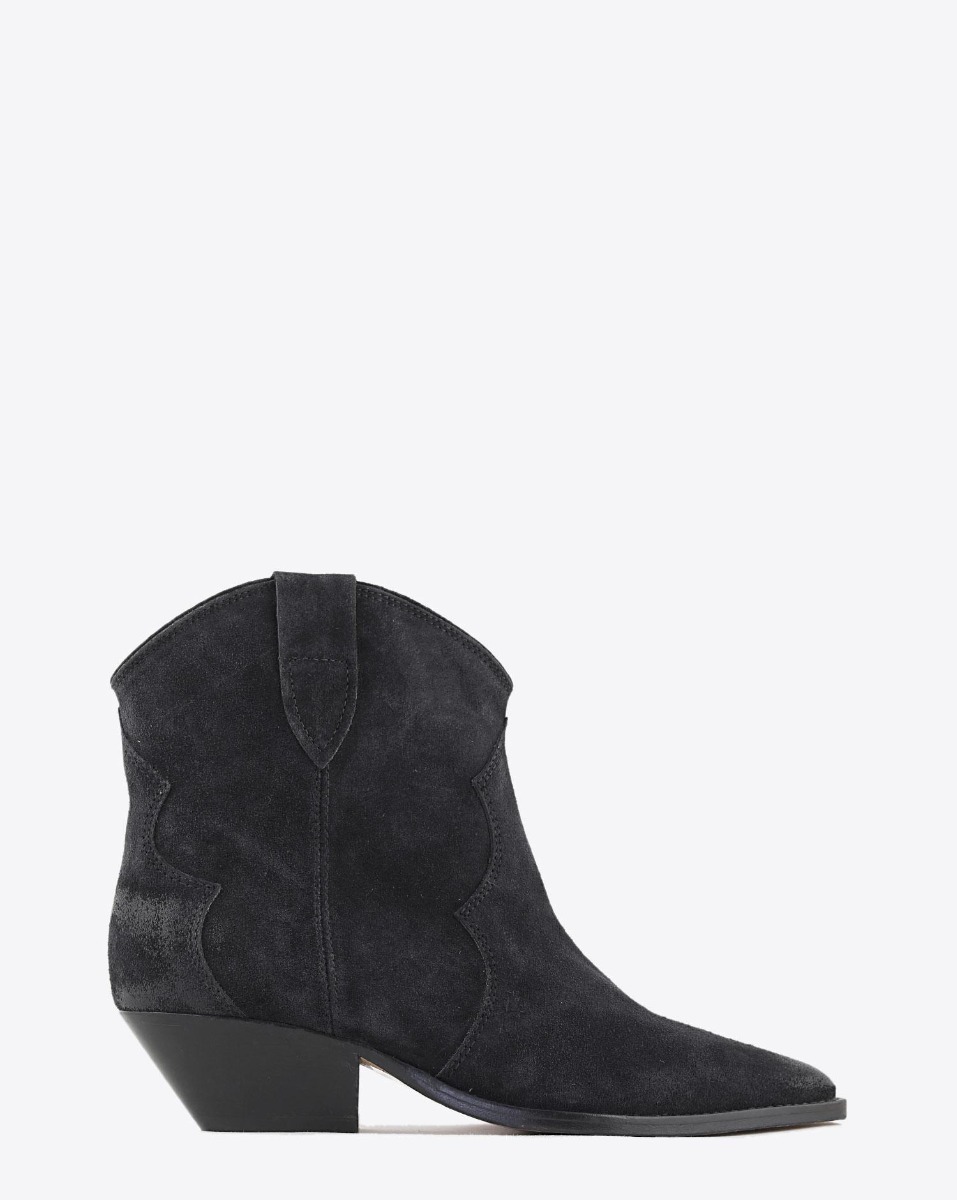 Produit Boots Santiags Dewina Isabel Marant en cuir suédé noir délavé. Vue de profil.