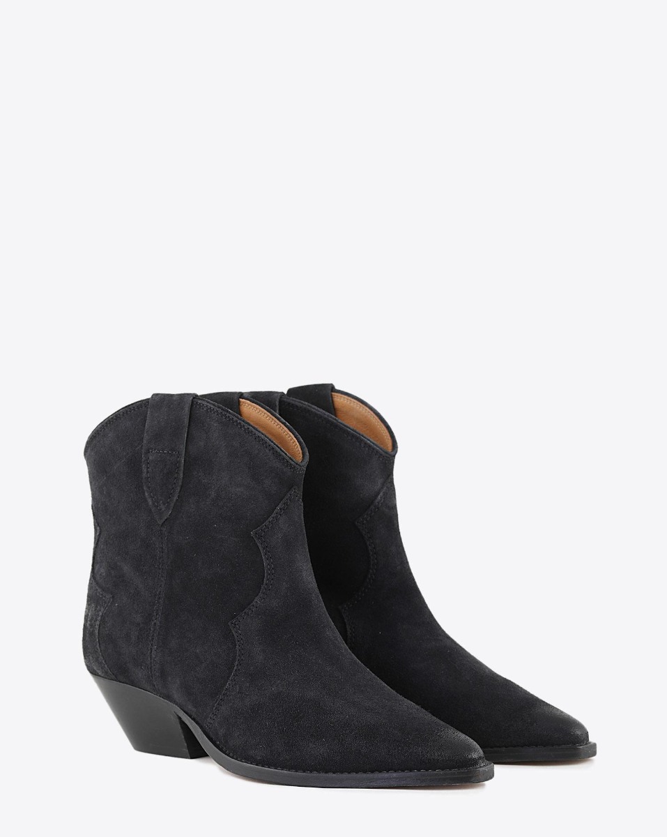 Produit Boots Santiags Dewina Isabel Marant en cuir suédé noir délavé. Vue de face.