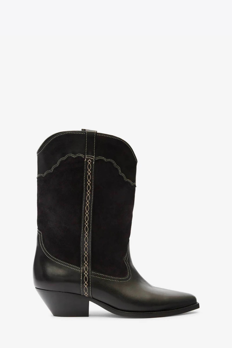 Bottes Santiag Duerto Isabel Marant en cuir suédé et en cuir lisse brodé noir. Vue de profil.