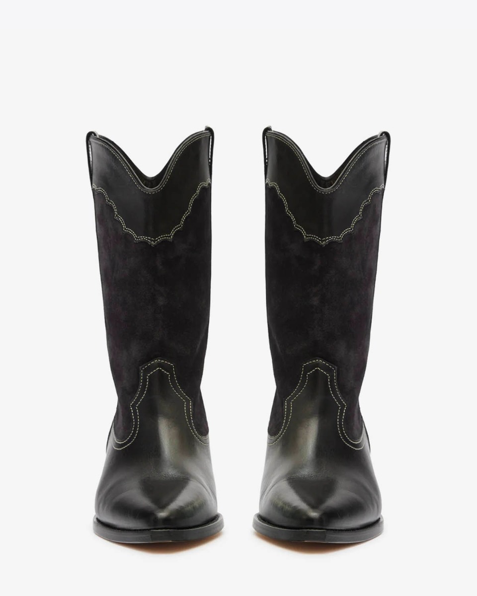 Bottes Santiag Duerto Isabel Marant en cuir suédé et en cuir lisse brodé noir.