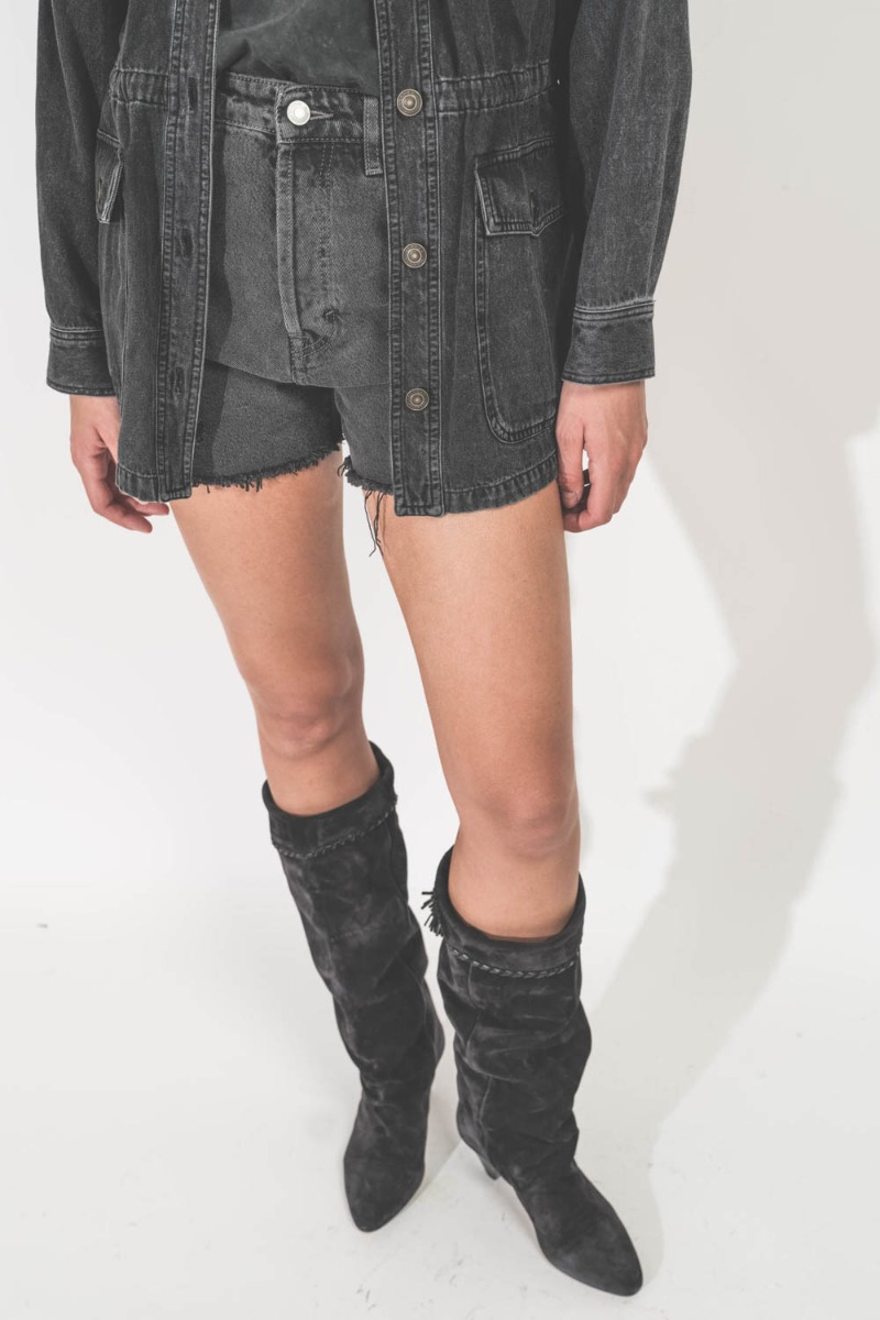Bottes Elita Isabel Marant en cuir suédé drapé noir délavé. Vue de haut.