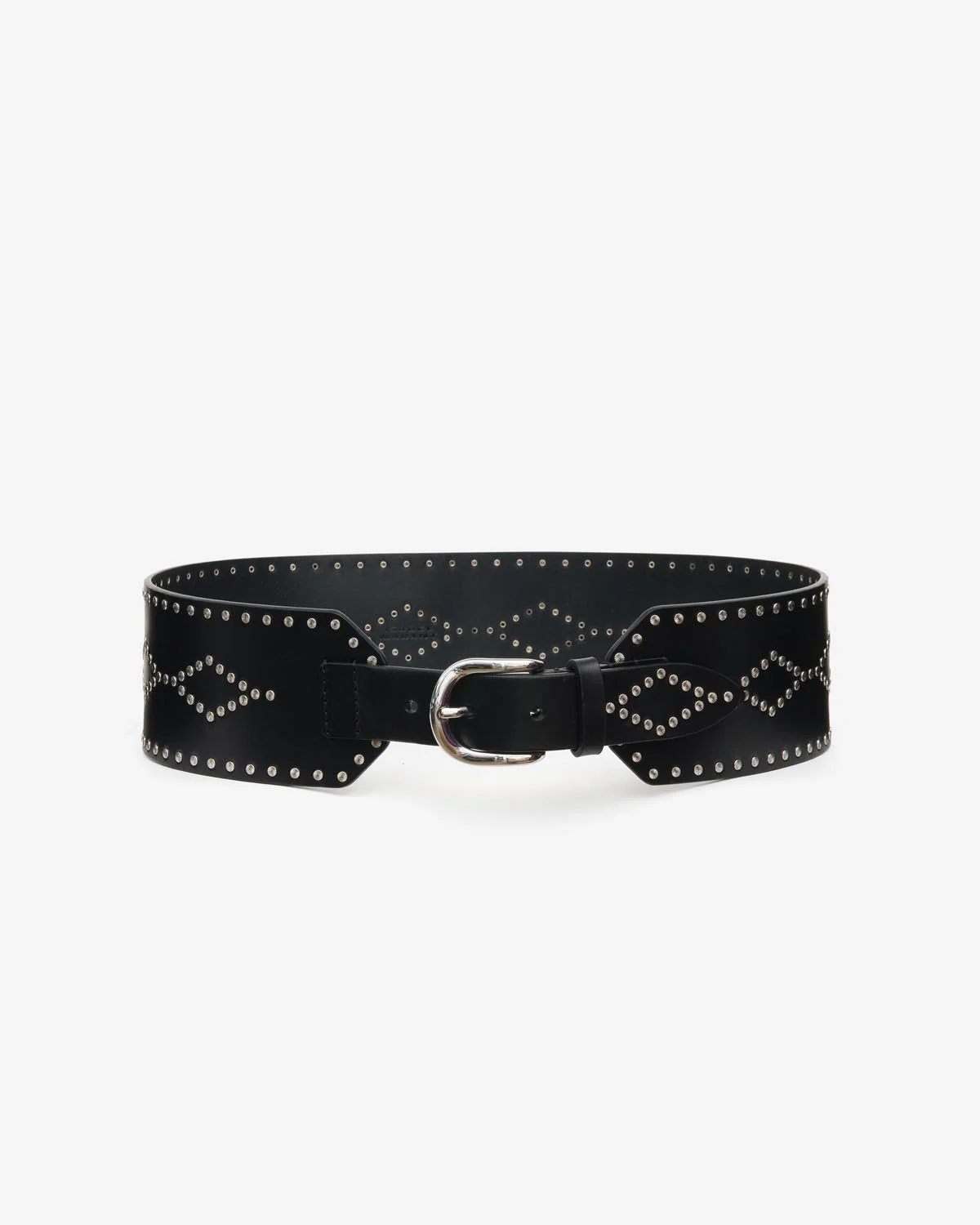 Produit Ceinture large en cuir noir clouté argenté Lucie Isabel Marant. Face.