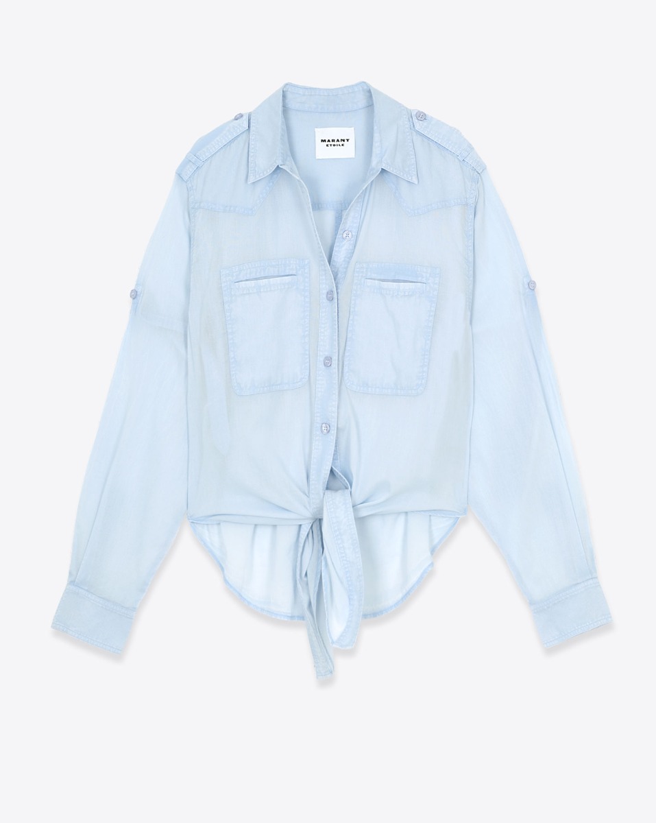 Chemise Valiane Isabel Marant Etoile en voile de coton bleu clair. Vue de face nou&eacute;e &agrave; la taille.