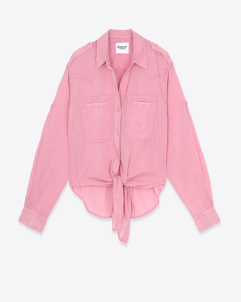 Chemise Valiane Isabel Marant Etoile en voile de coton rose Bubblegum. Vue de face nou&eacute;e &agrave; la taille.