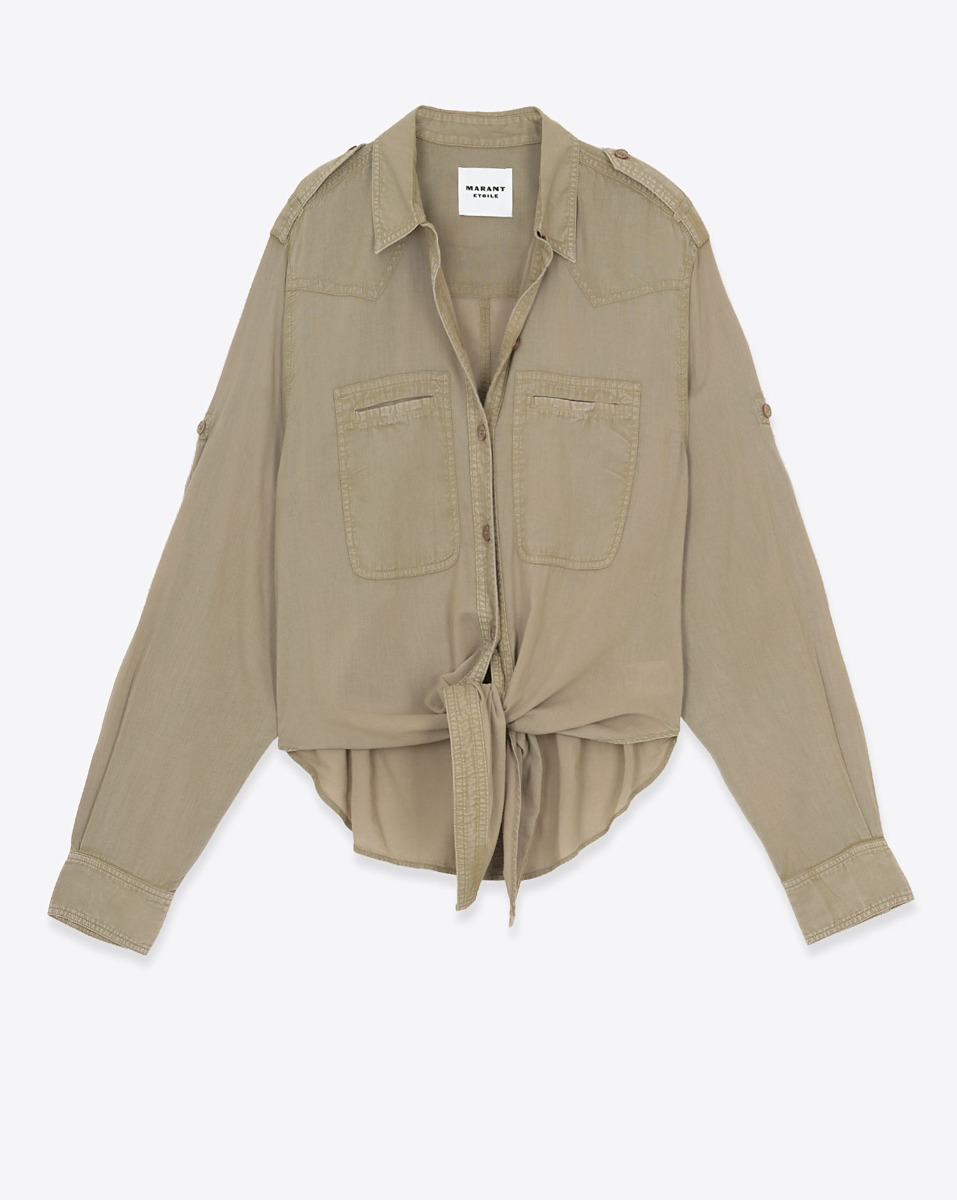 Chemise &agrave; nouer Valiane Isabel Marant Etoile en voile de coton kaki clair. Vue de face nou&eacute;e &agrave; la taille.