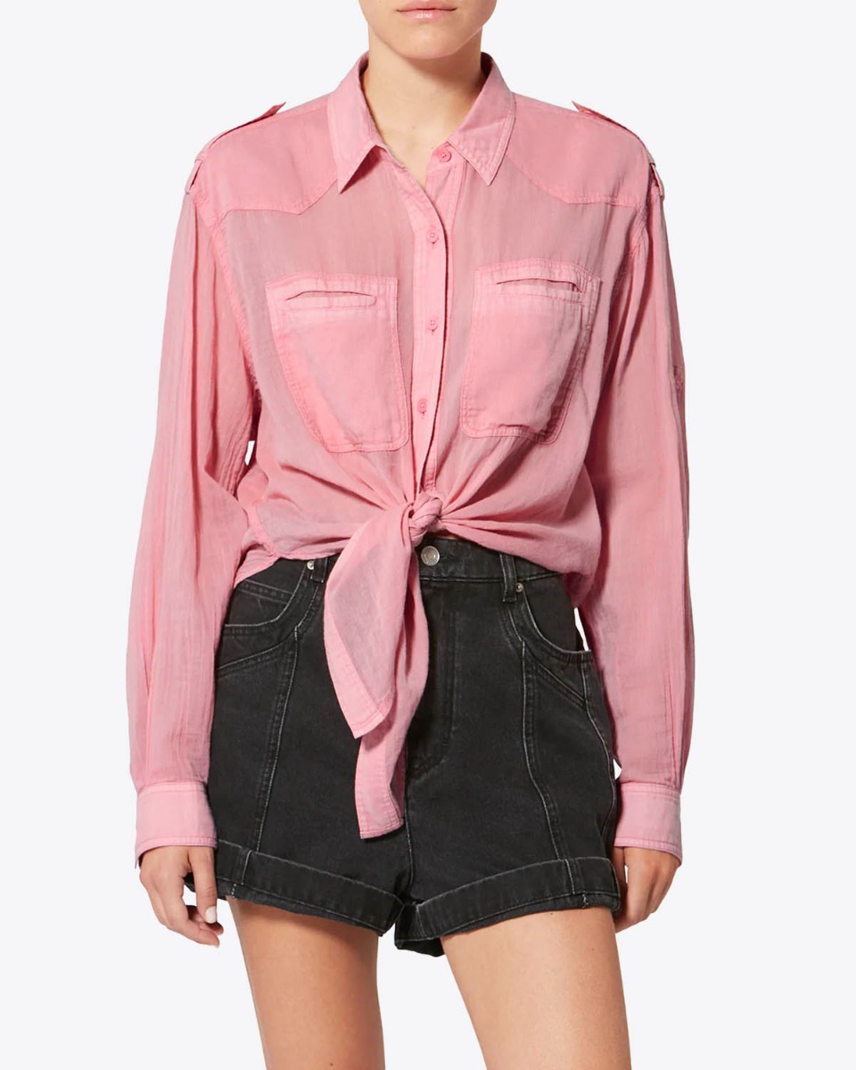 Chemise Valiane Isabel Marant Etoile en voile de coton rose Bubblegum, port&eacute;e de face.