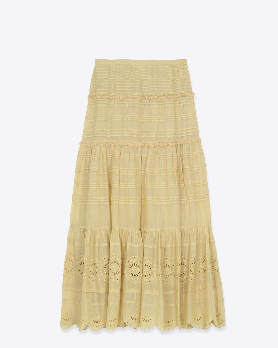 Jupe longue Paoline Isabel Marant Etoile en voile de coton et dentelle ocre. Vue de dos.
