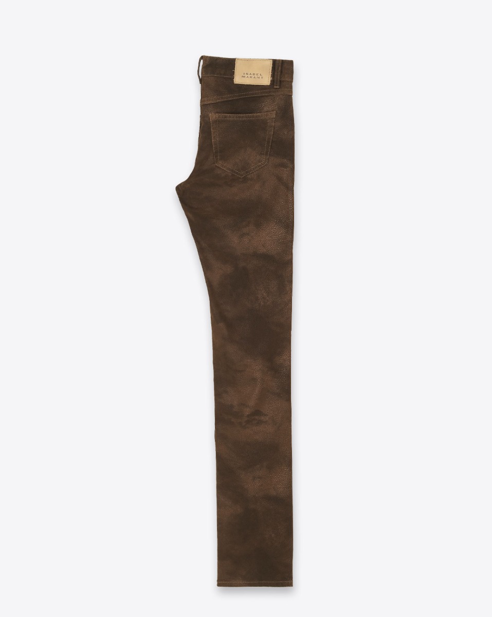 Pantalon Kelsie Isabel Marant Etoile en faux cuir Tabacco. Vue de profil.