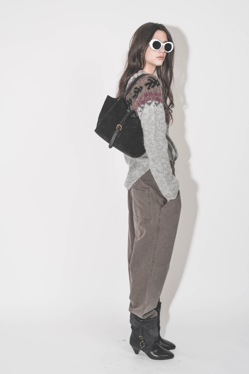 Pantalon Neriah Isabel Marant Etoile en coton et lin Dark Bronze, port&eacute; de profil.