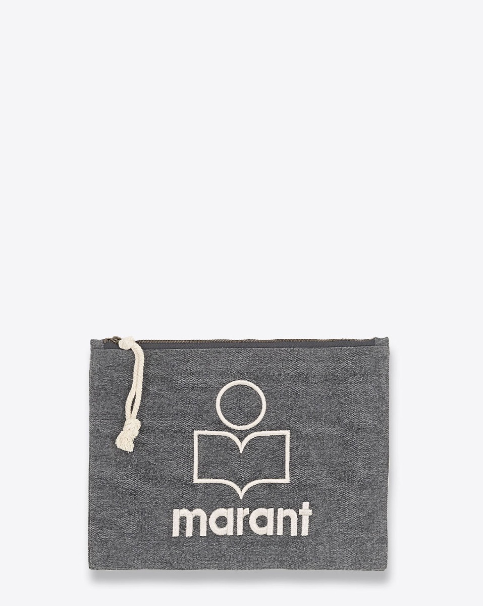 Pochette Netia avec logo brod&eacute; Isabel Marant en coton noir anthracite. Vue face. 