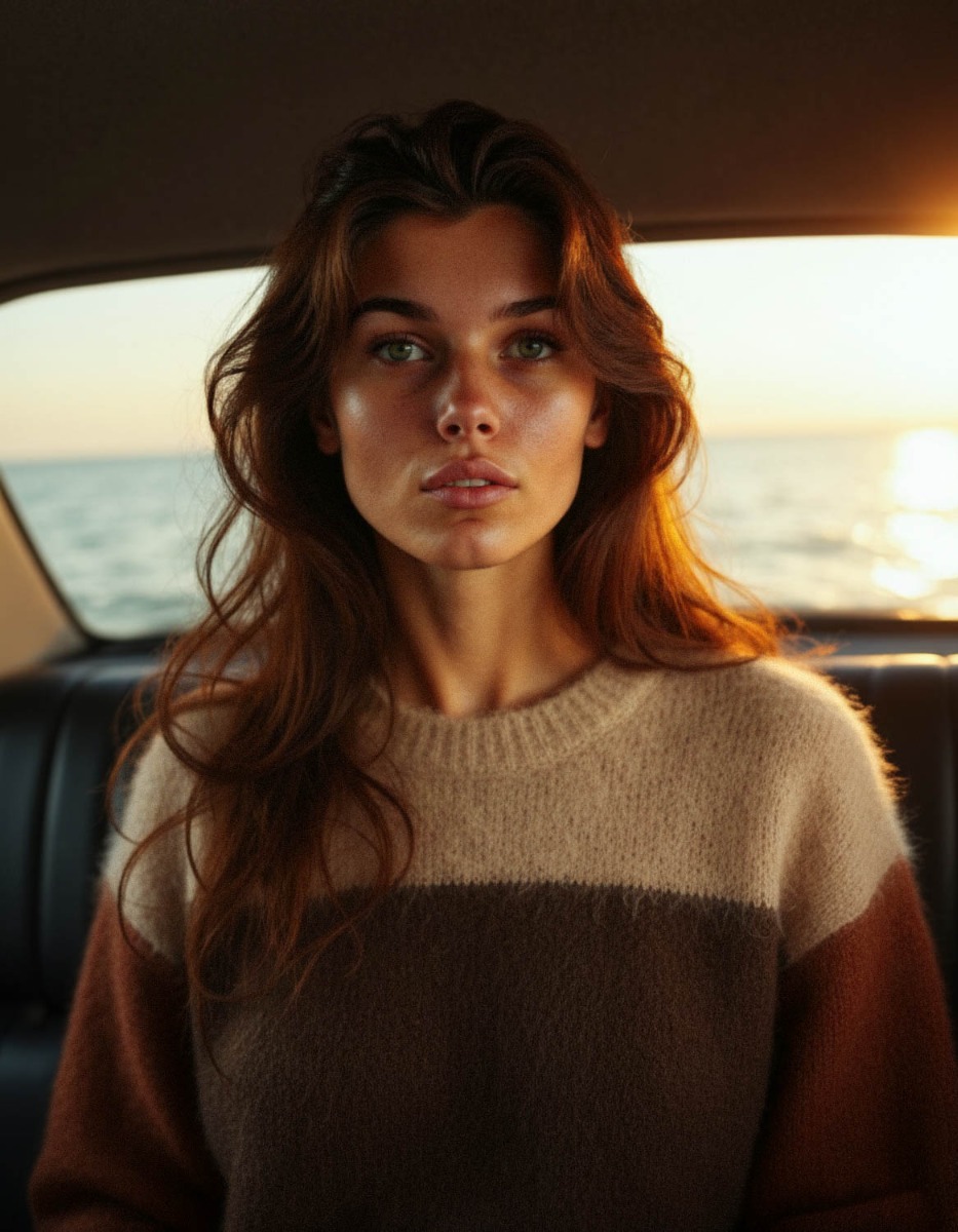 Pull Madeline Isabel Marant Etoile en laine et mohair rust porté de face. Création artistique réalisée avec l'IA.